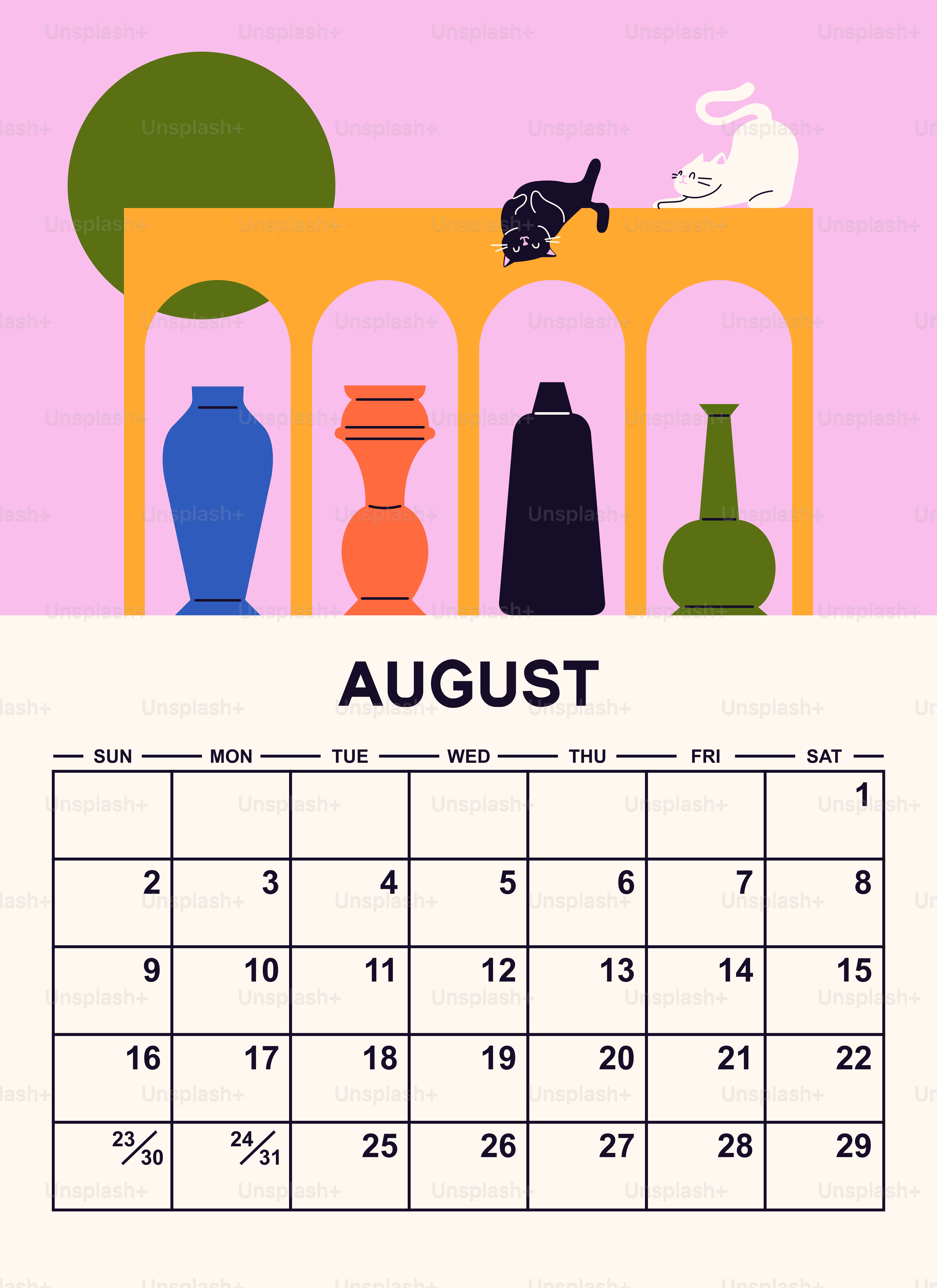 August calendar with abstract art and cats