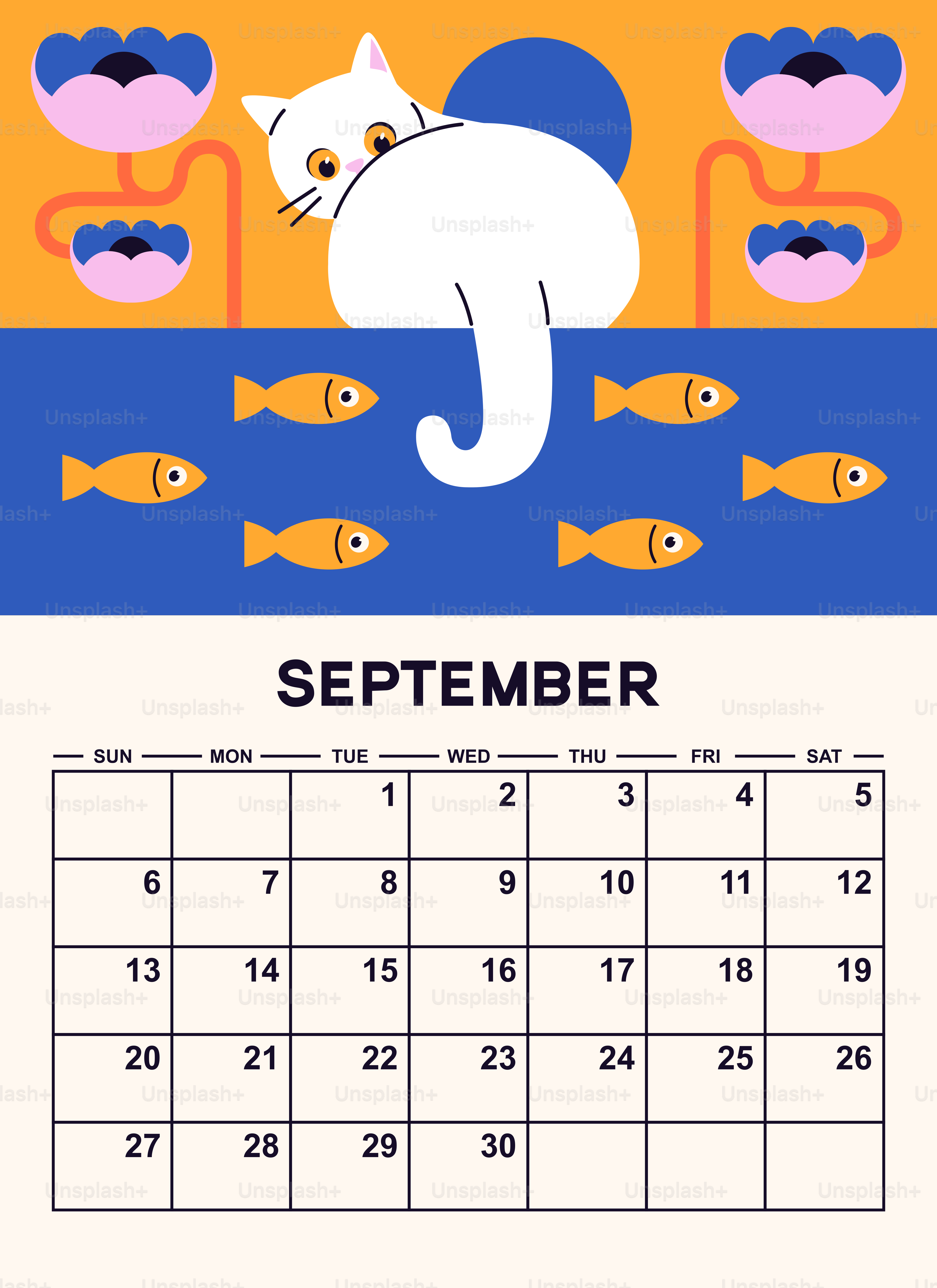 A white cat peeks over a blue surface with fish.