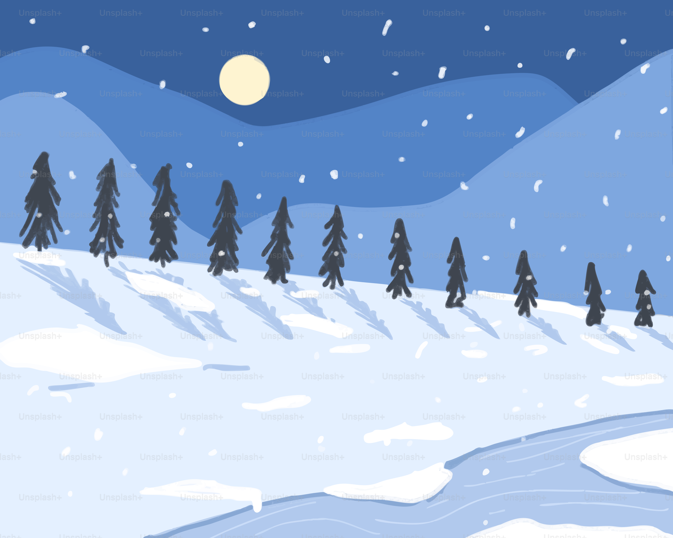 Snowy landscape with moon and pine trees