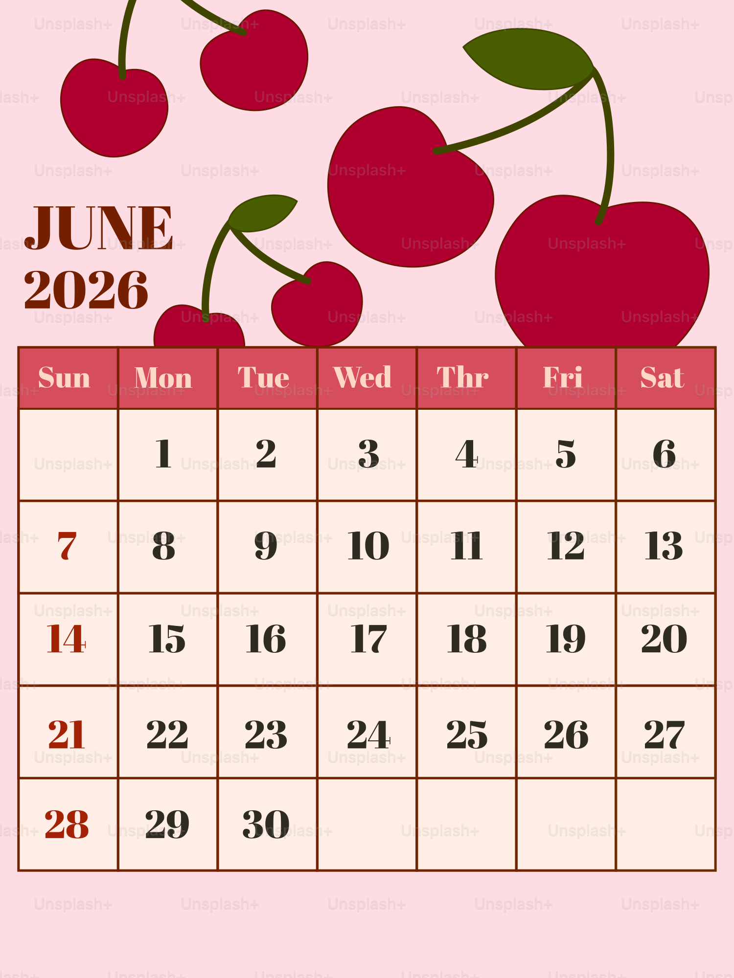 June 2026 calendar with cherry illustrations