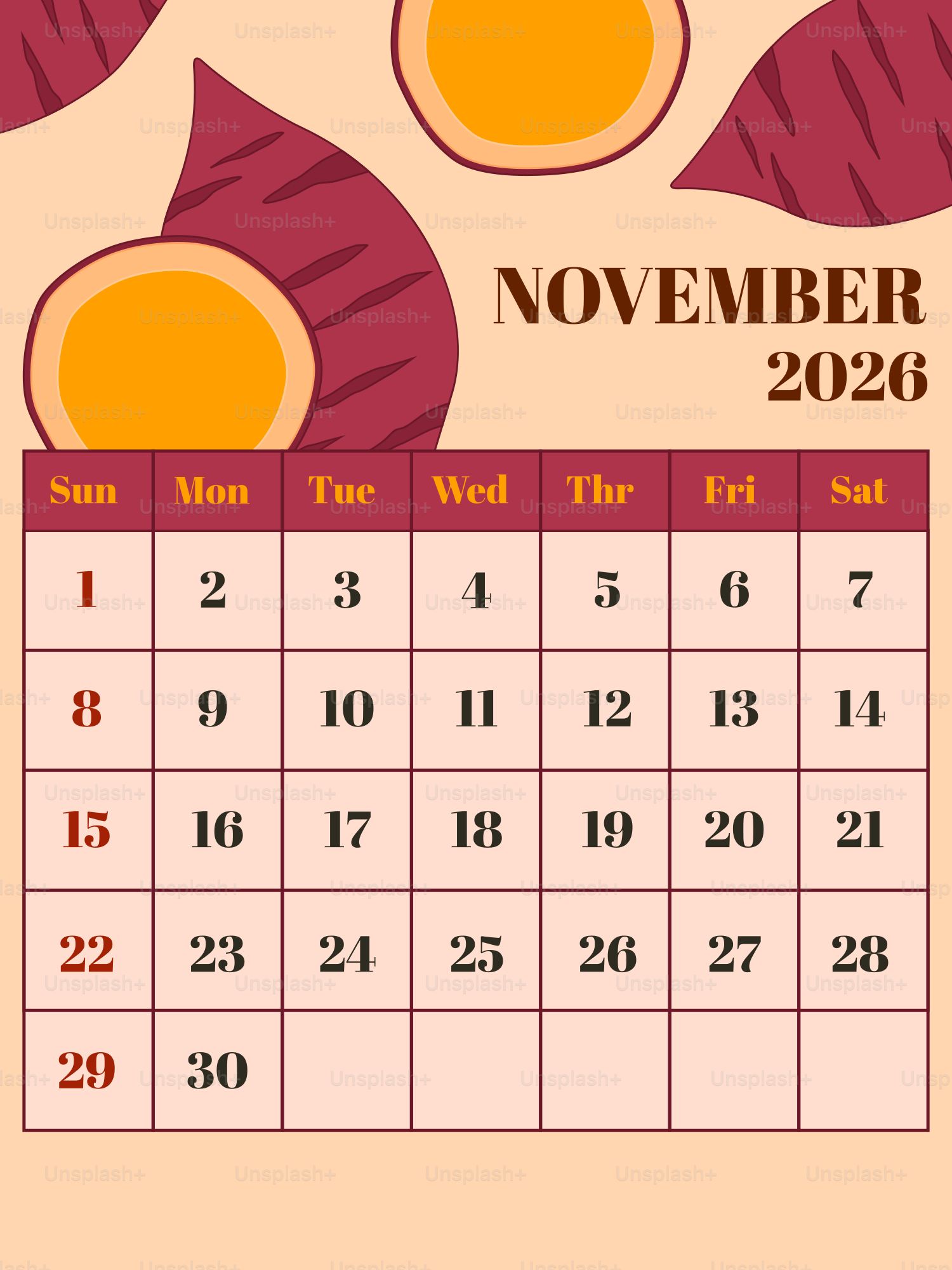 November 2026 calendar with sweet potato illustrations