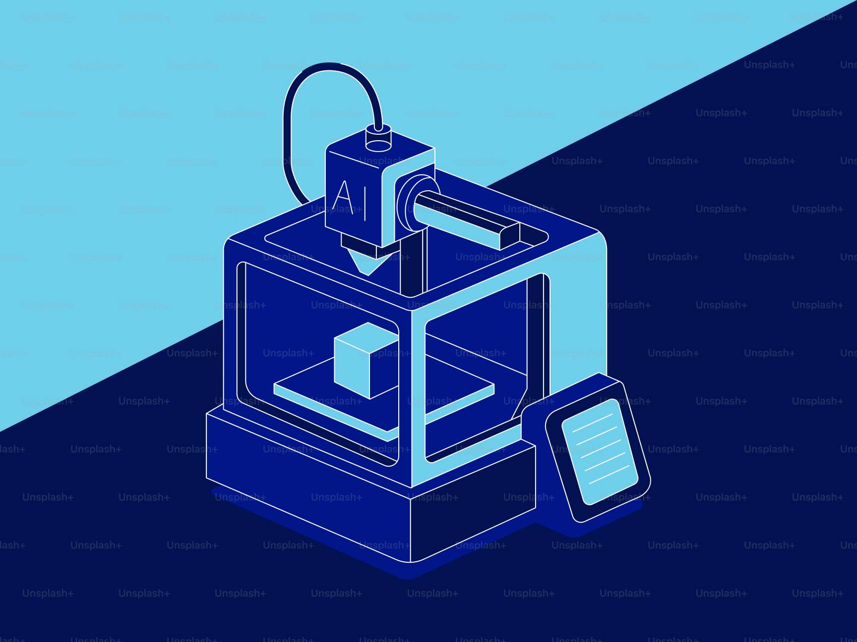 Impresora 3D creando un cubo con tecnología de IA