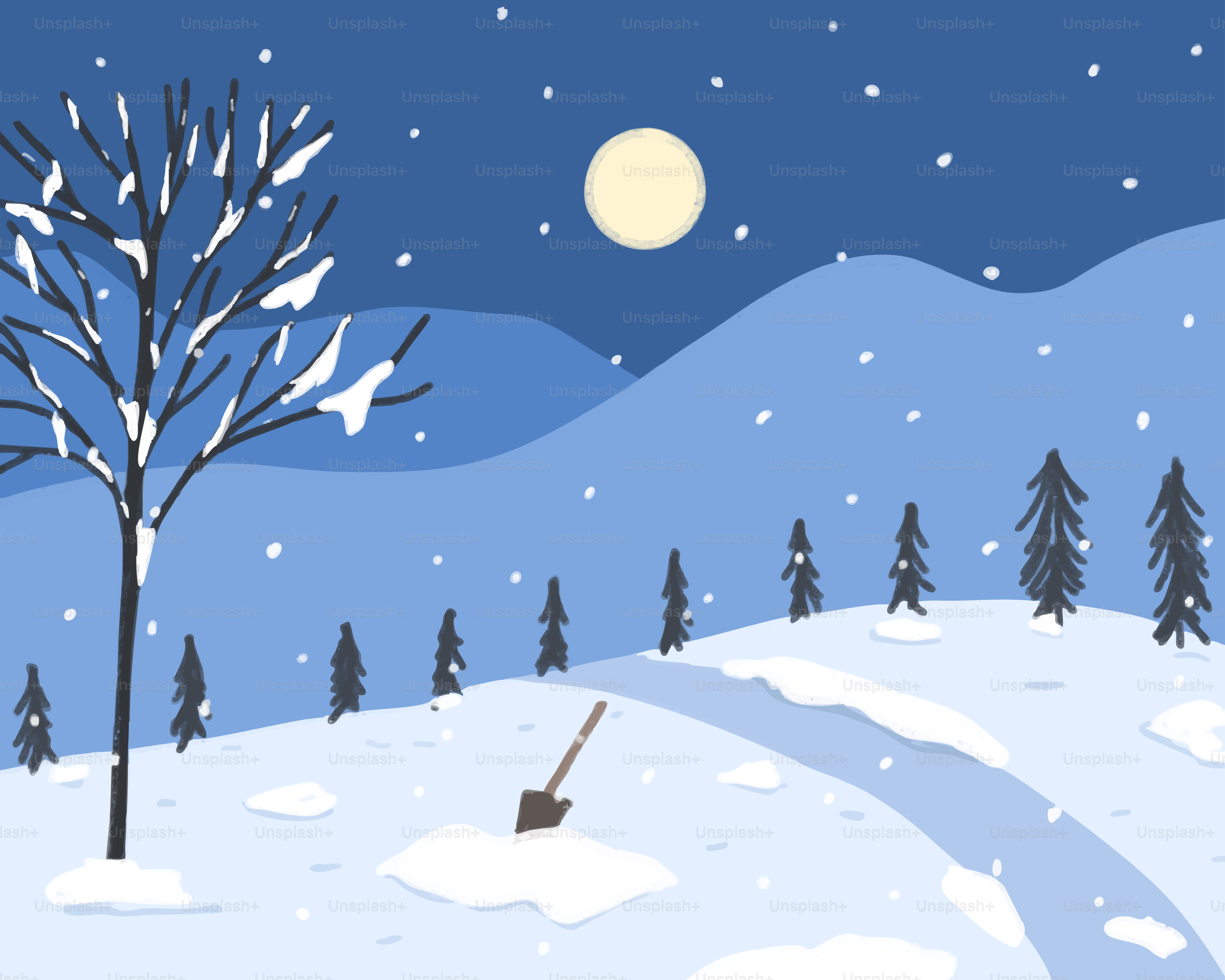 Snowy landscape with a shovel in the snow.