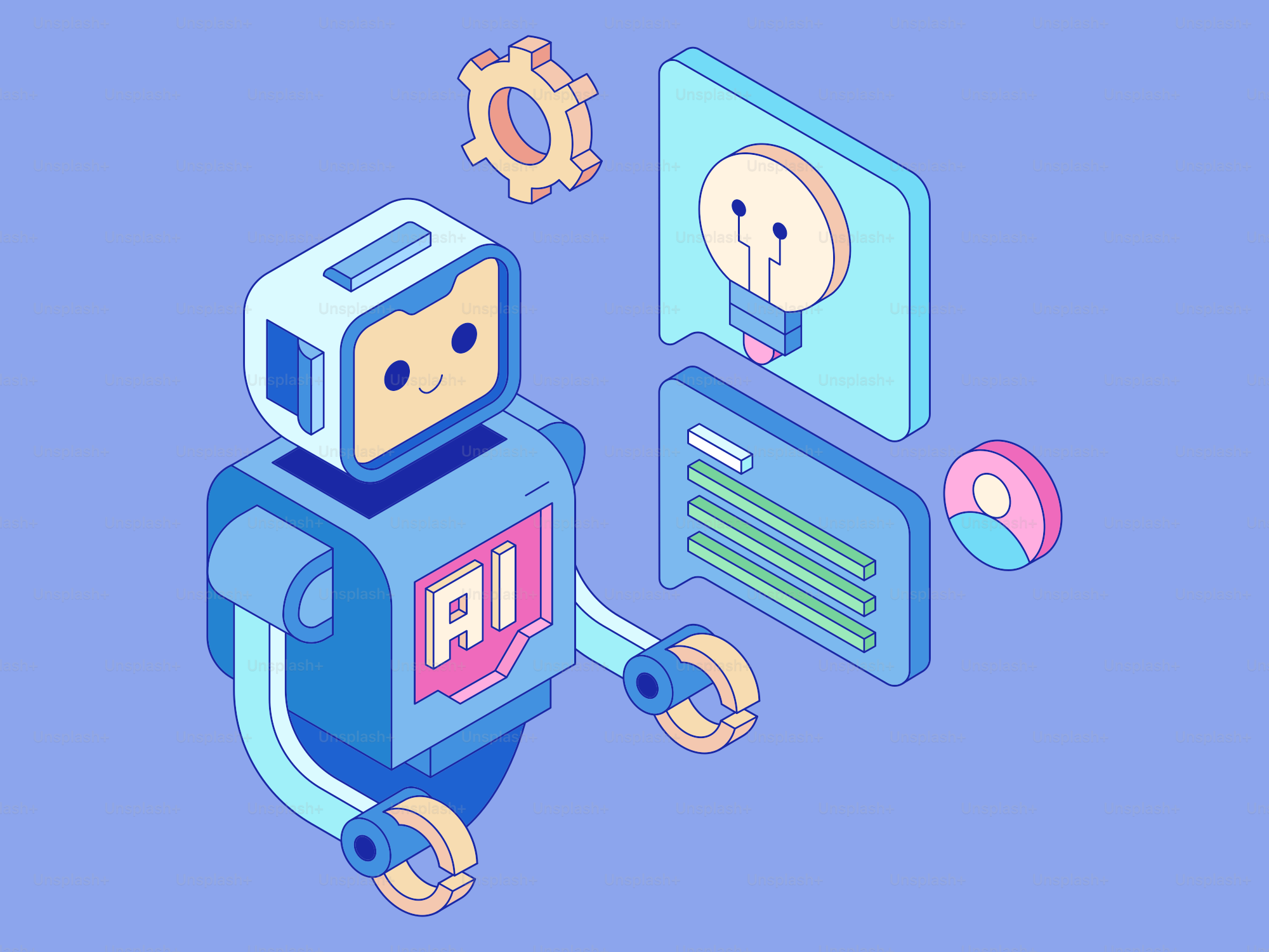 歯車と電球アイコンがついたかわいいAIロボット。