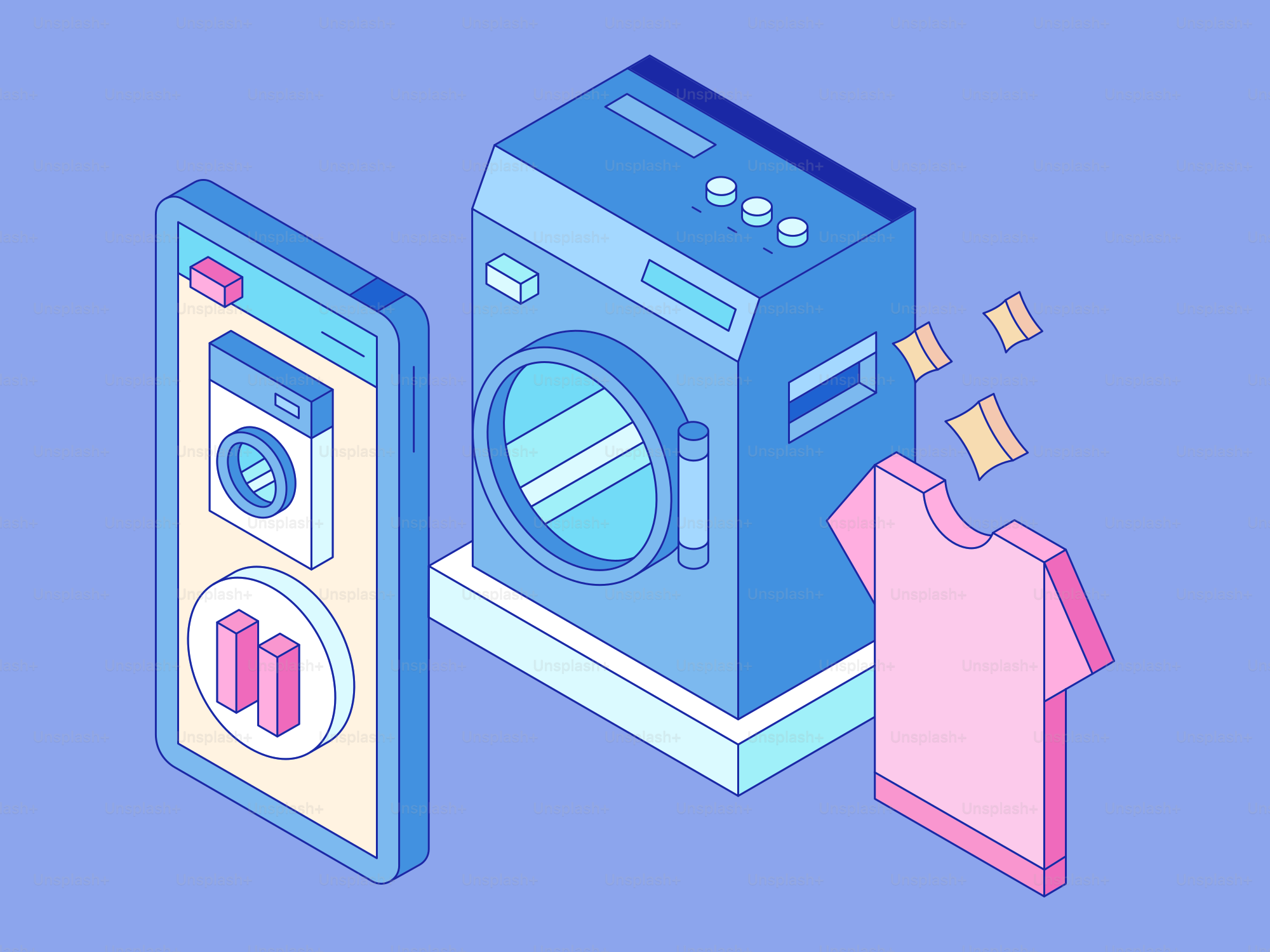 Smartphone controls washing machine with pink shirt.