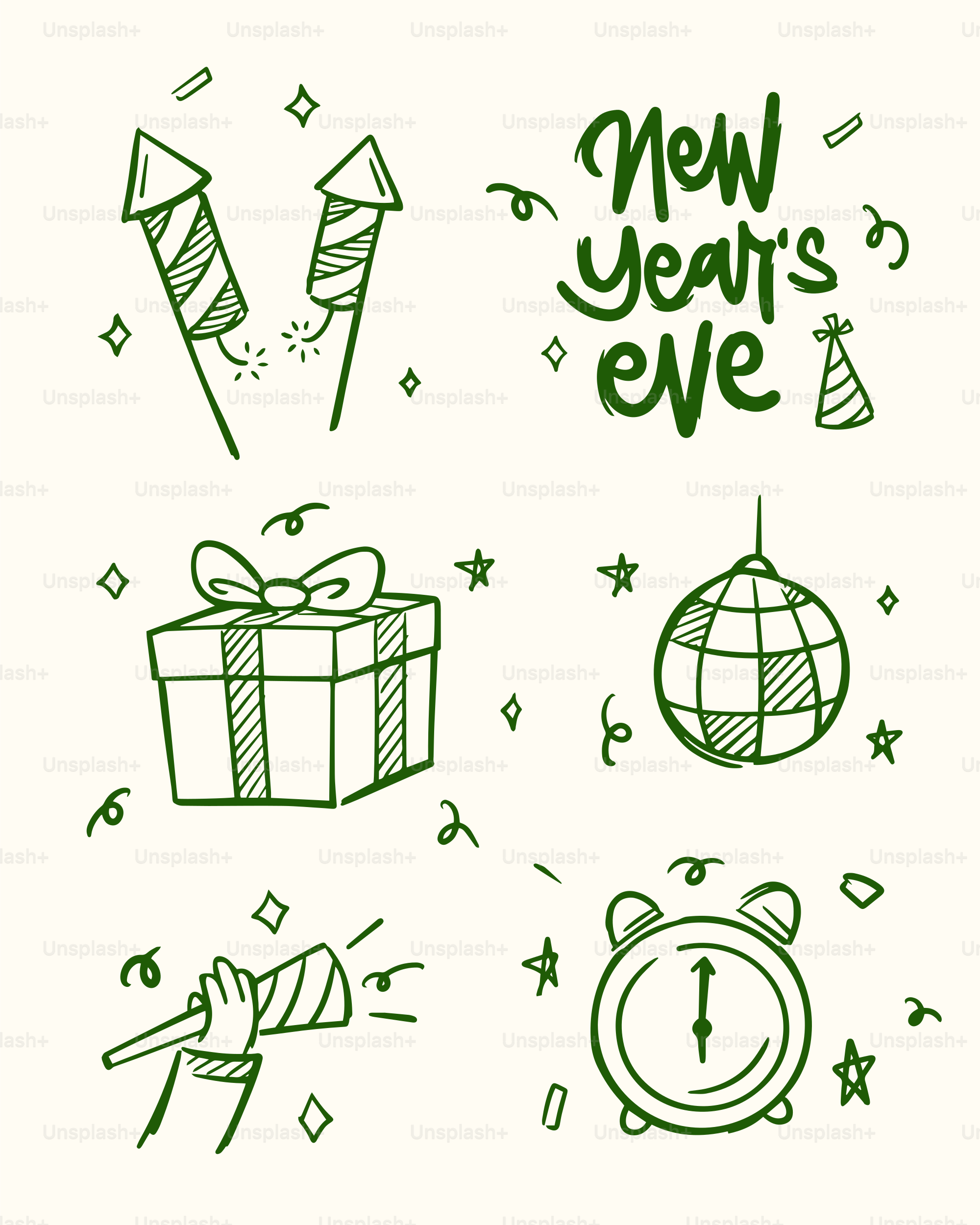 New year's eve celebration icons with fireworks and gift.