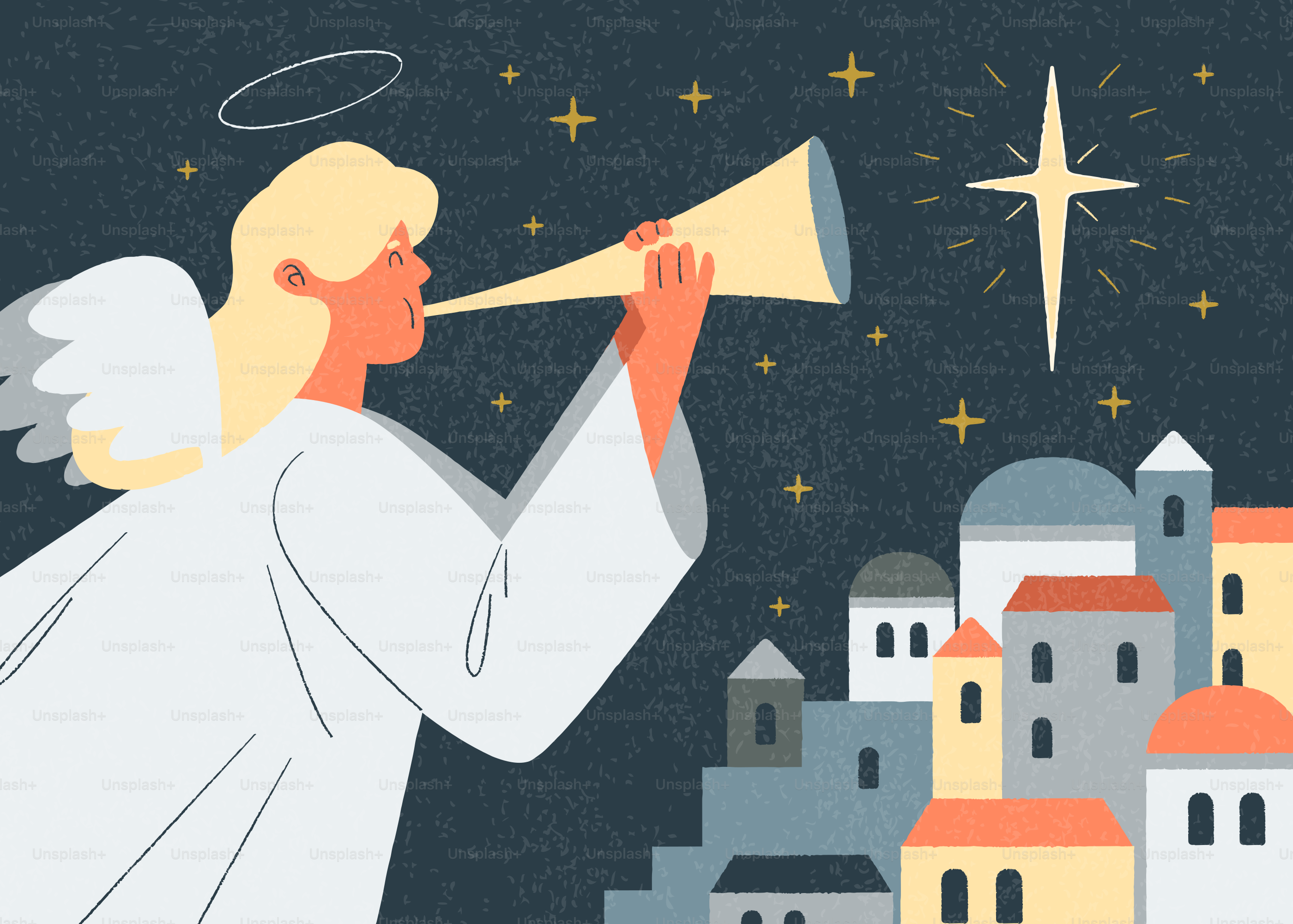 Angel blowing a horn over a city at night.