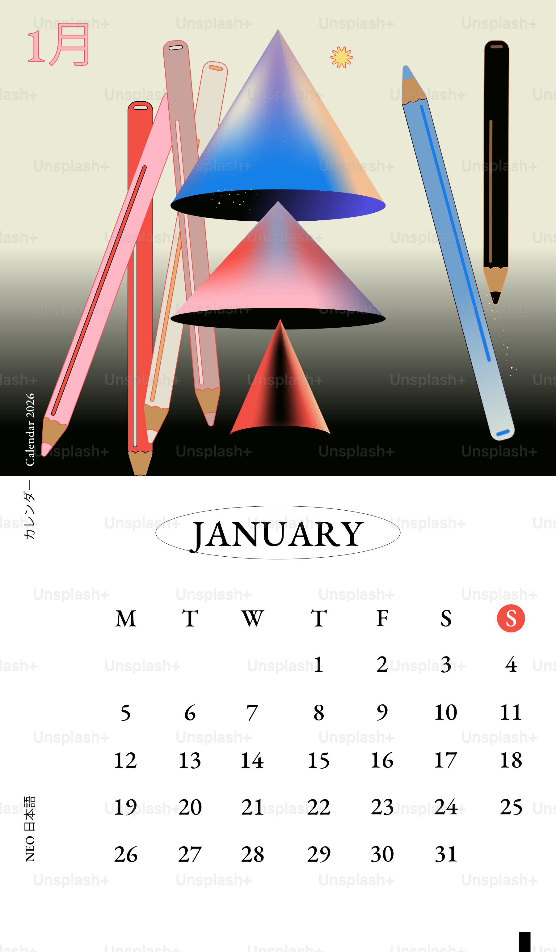 Calendario de enero con conos abstractos y lápices