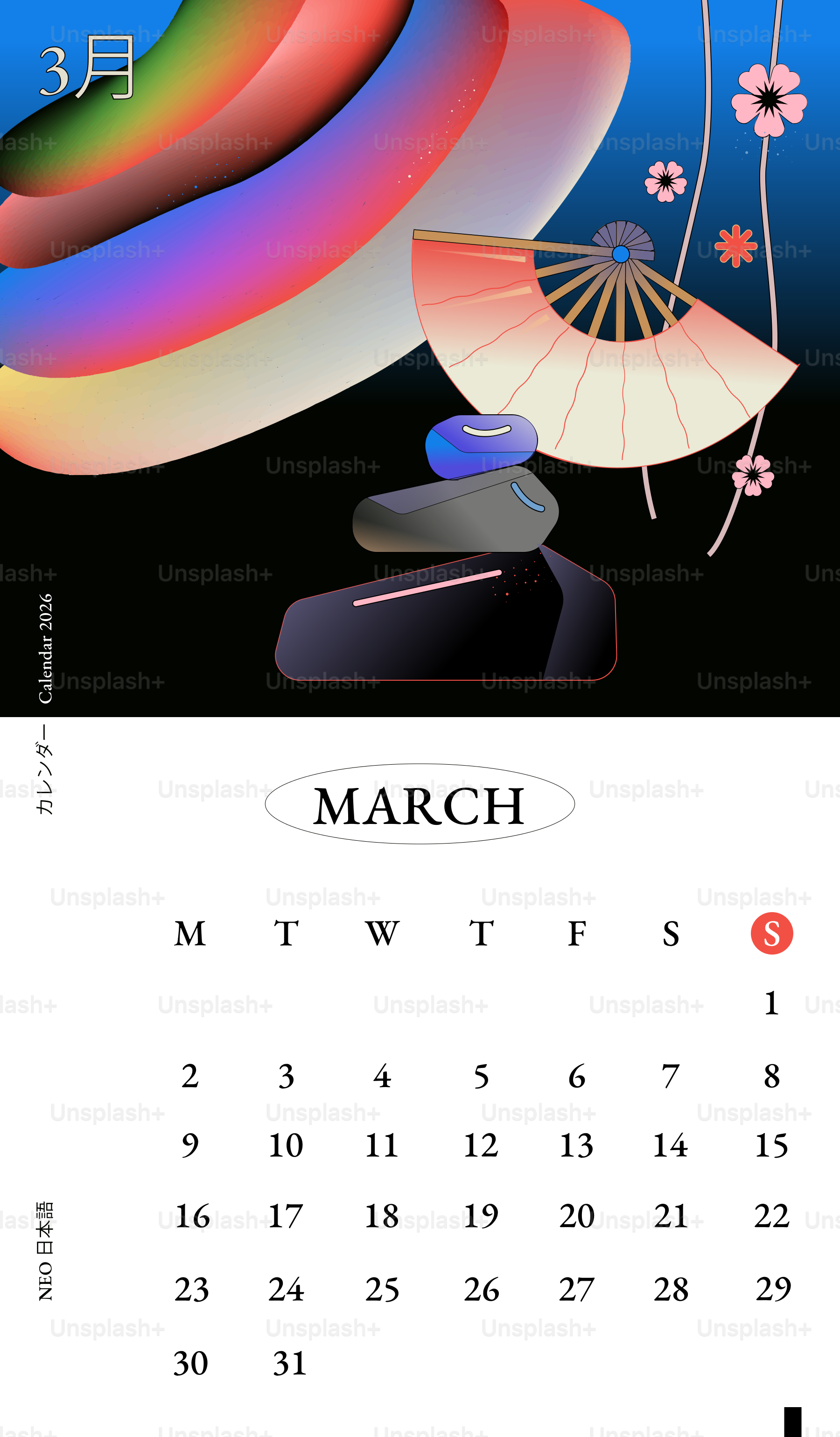 Arte abstracto con calendario de marzo y abanico.