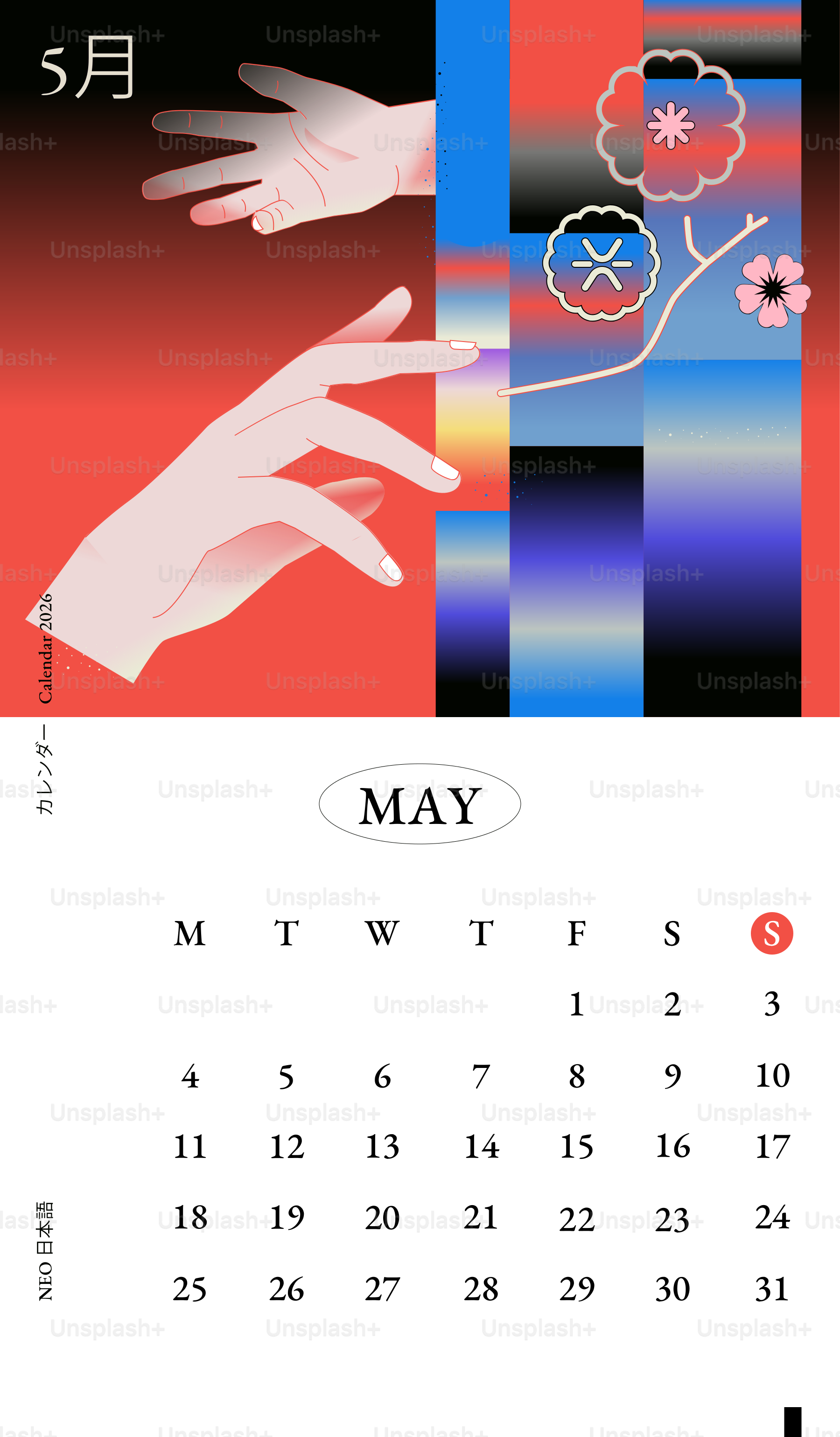 Arte abstracto con manos y calendario para mayo.
