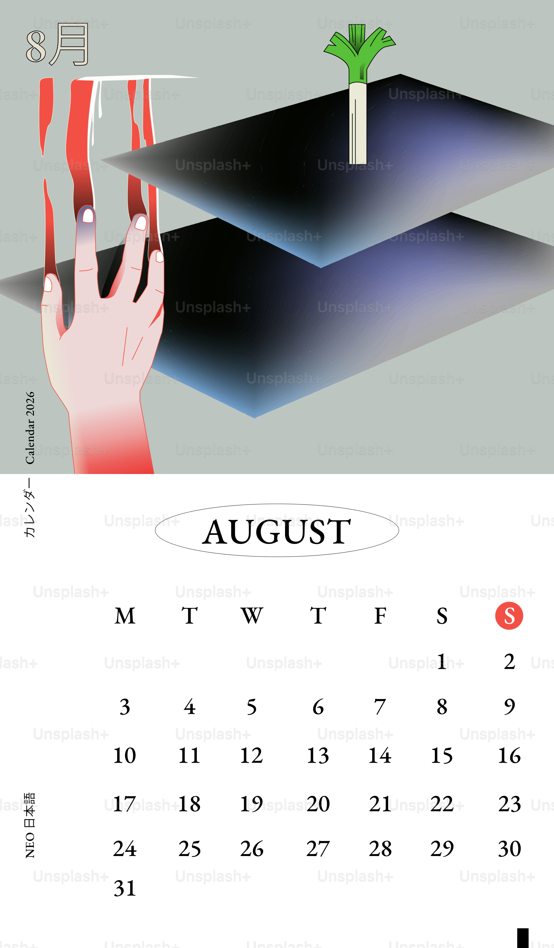Calendario de agosto con arte abstracto y una mano.