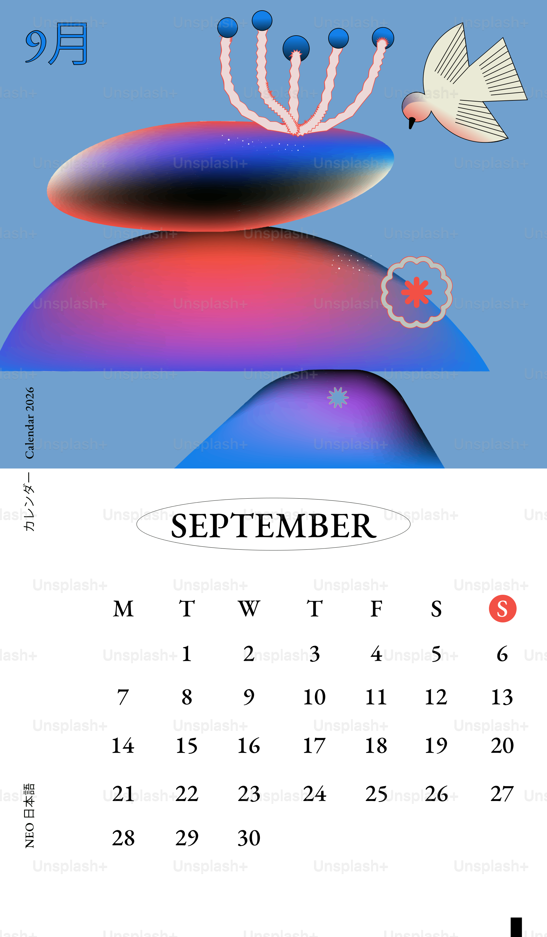 Arte abstracto con pájaros y calendario de septiembre