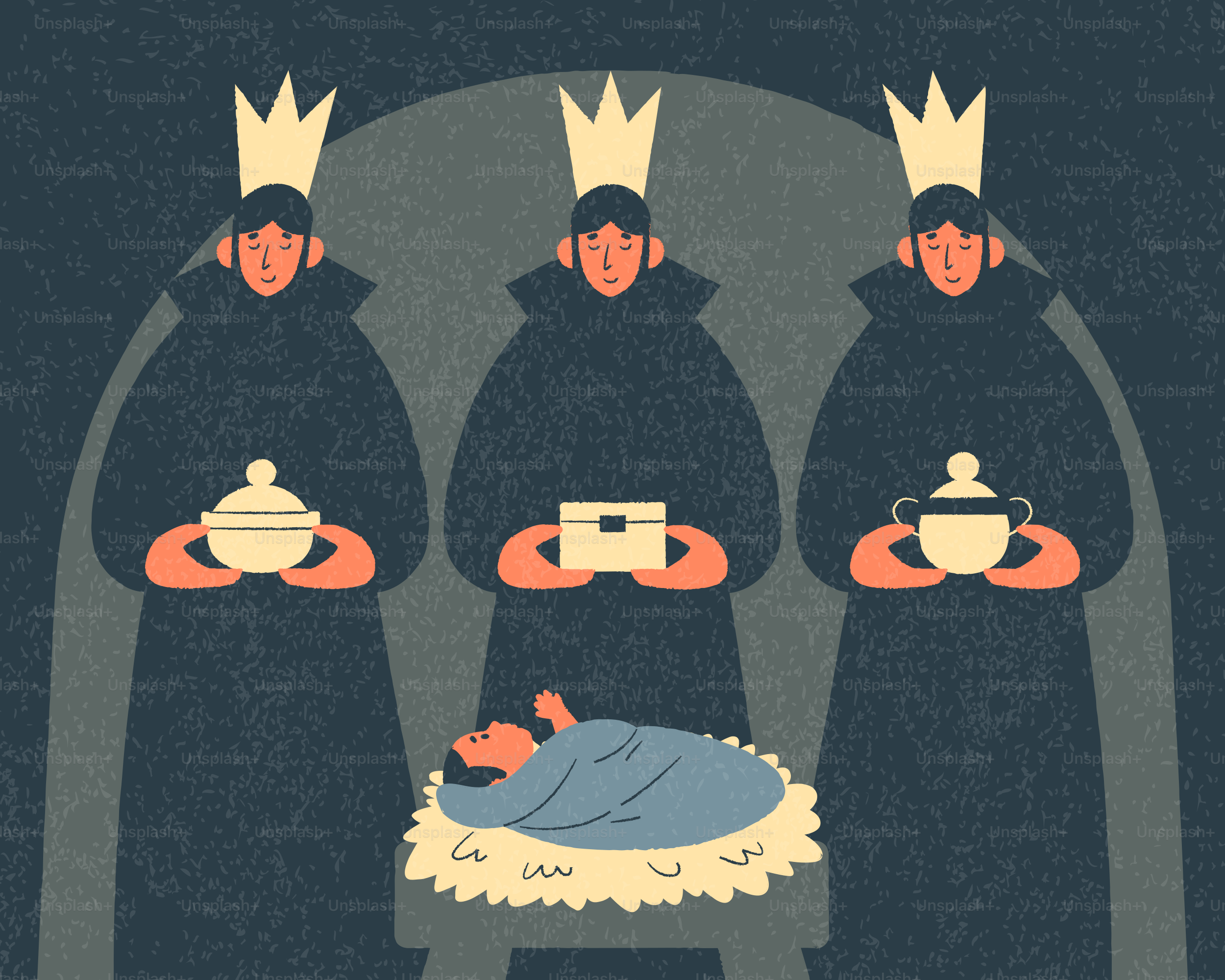 Three kings holding gifts for baby jesus