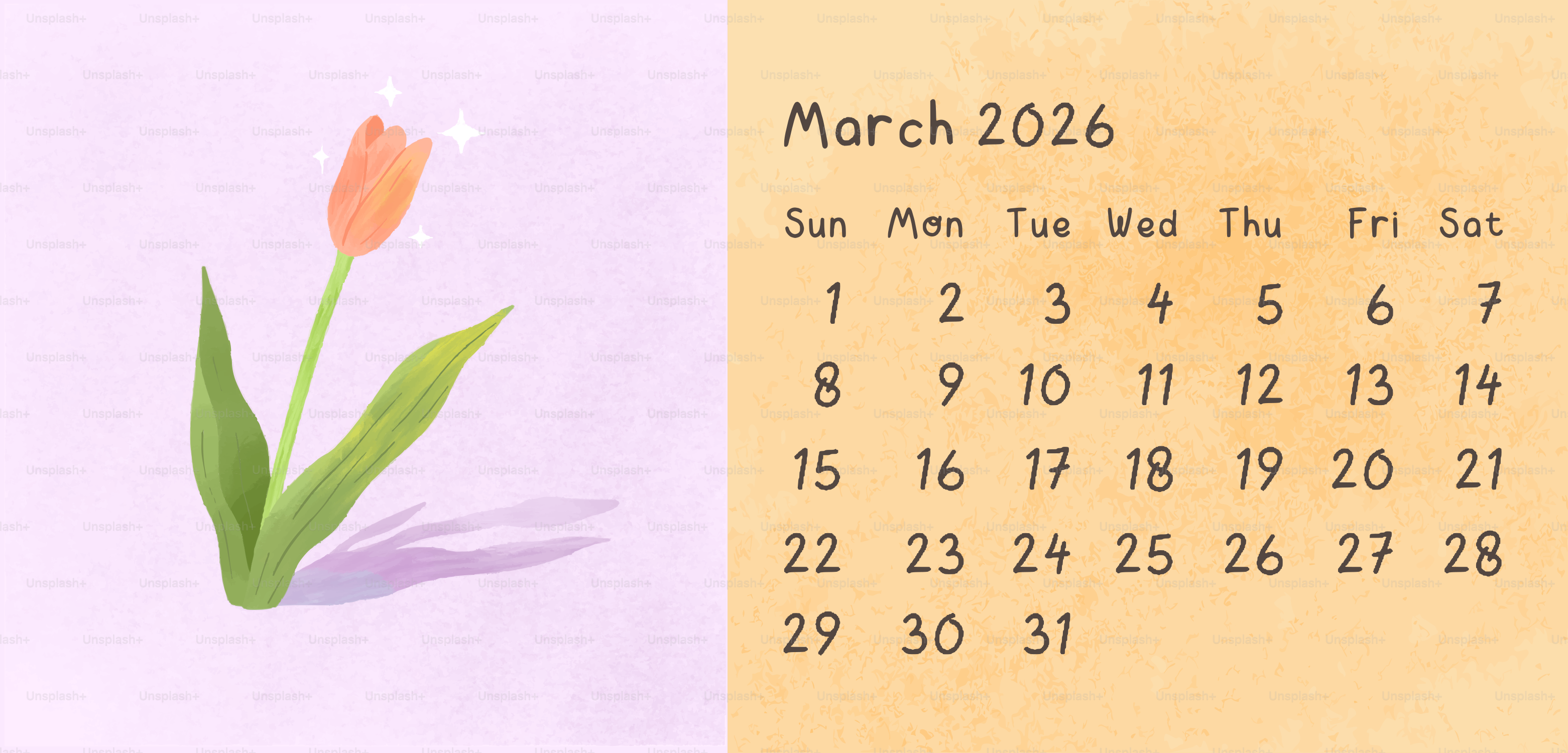 Calendario de marzo de 2026 con un solo tulipán