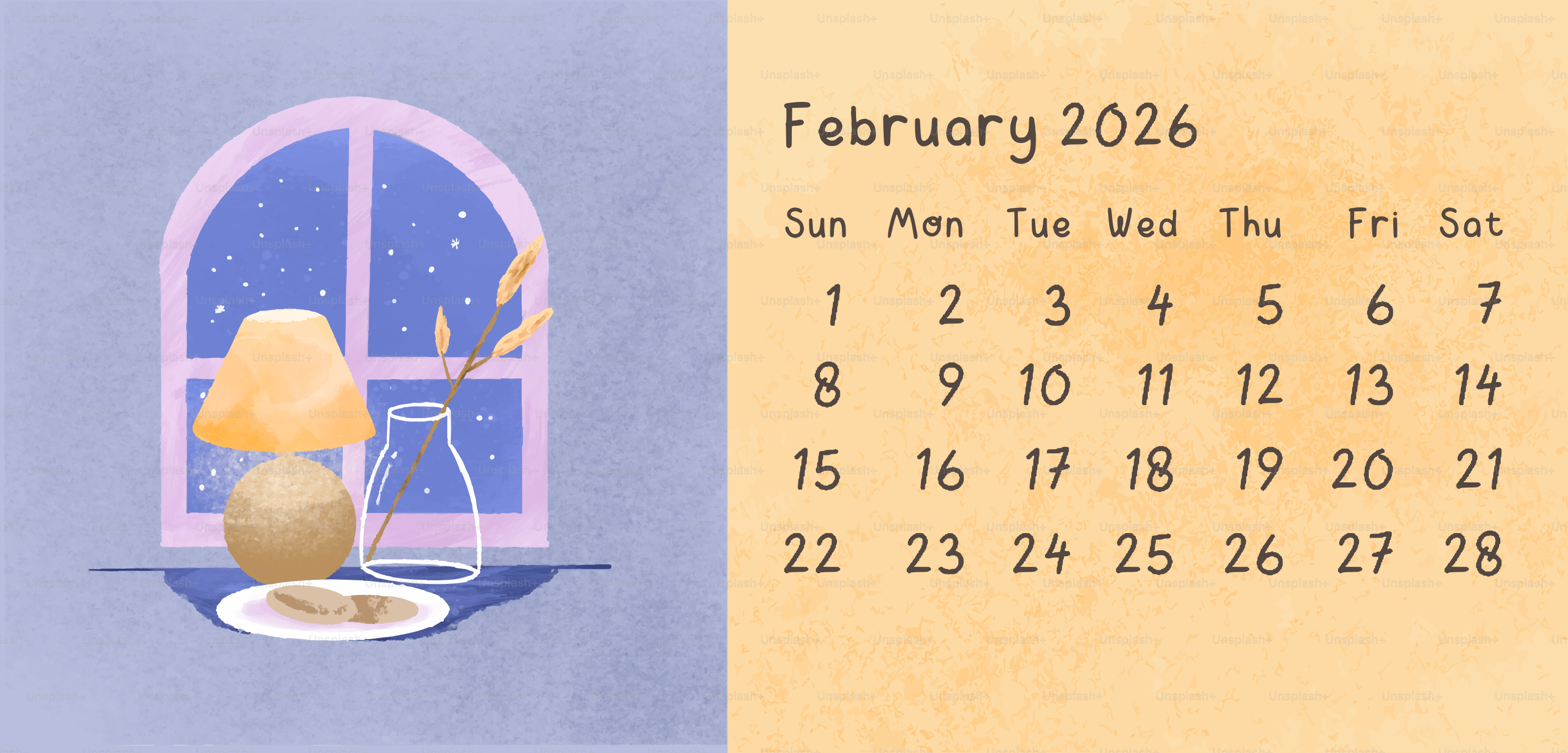 February 2026 calendar with a window view