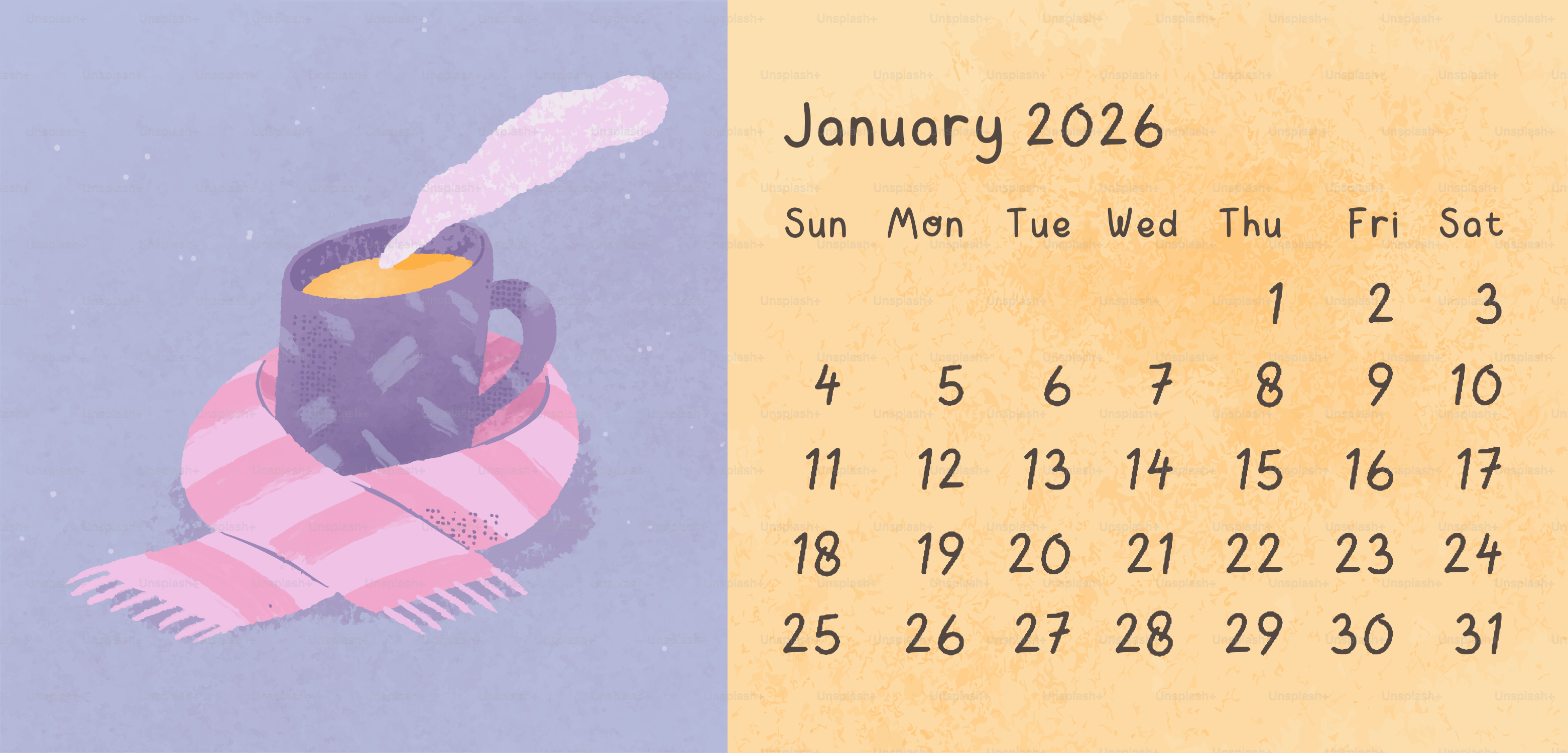 January 2026 calendar with a cozy mug and scarf