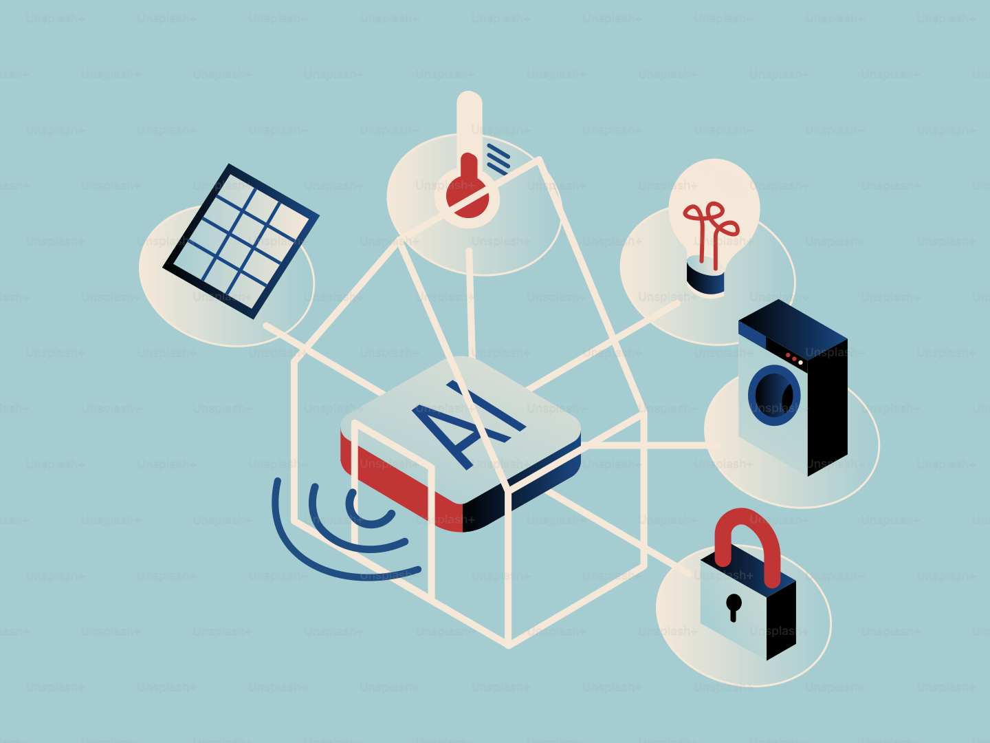 Smart home devices connected to an ai hub.