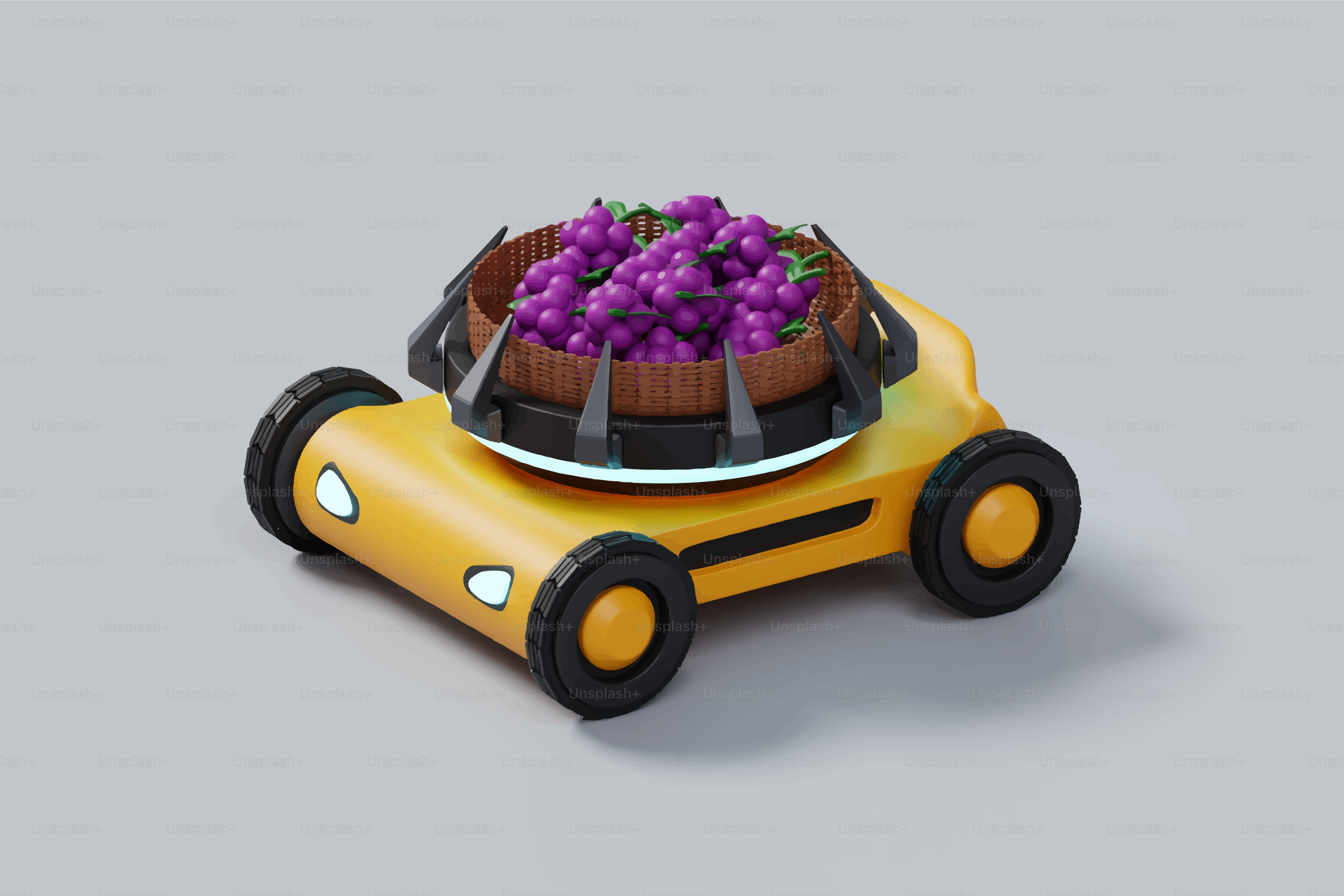 Piccolo robot giallo che trasporta un cesto di uva