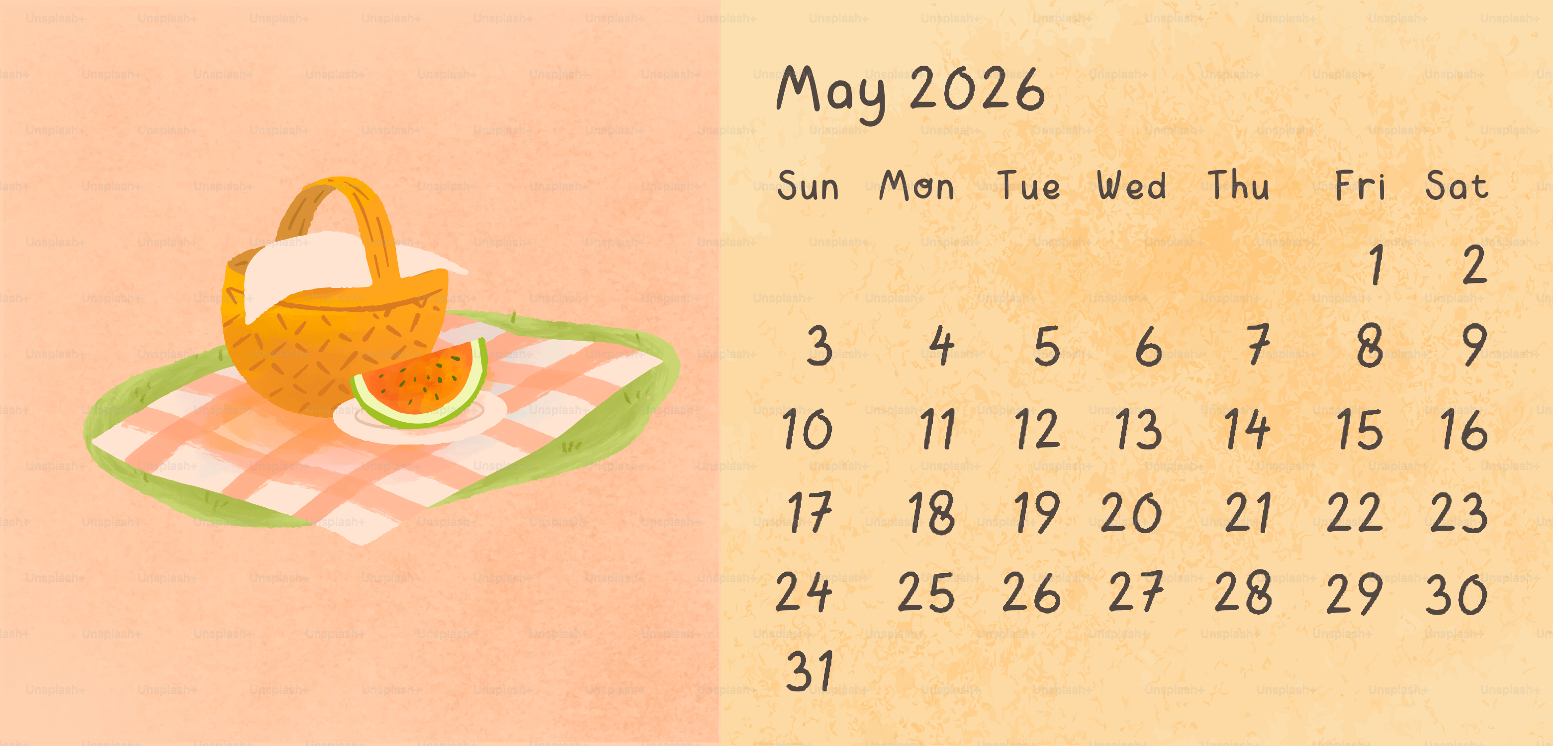 May 2026 calendar with a picnic basket and watermelon.