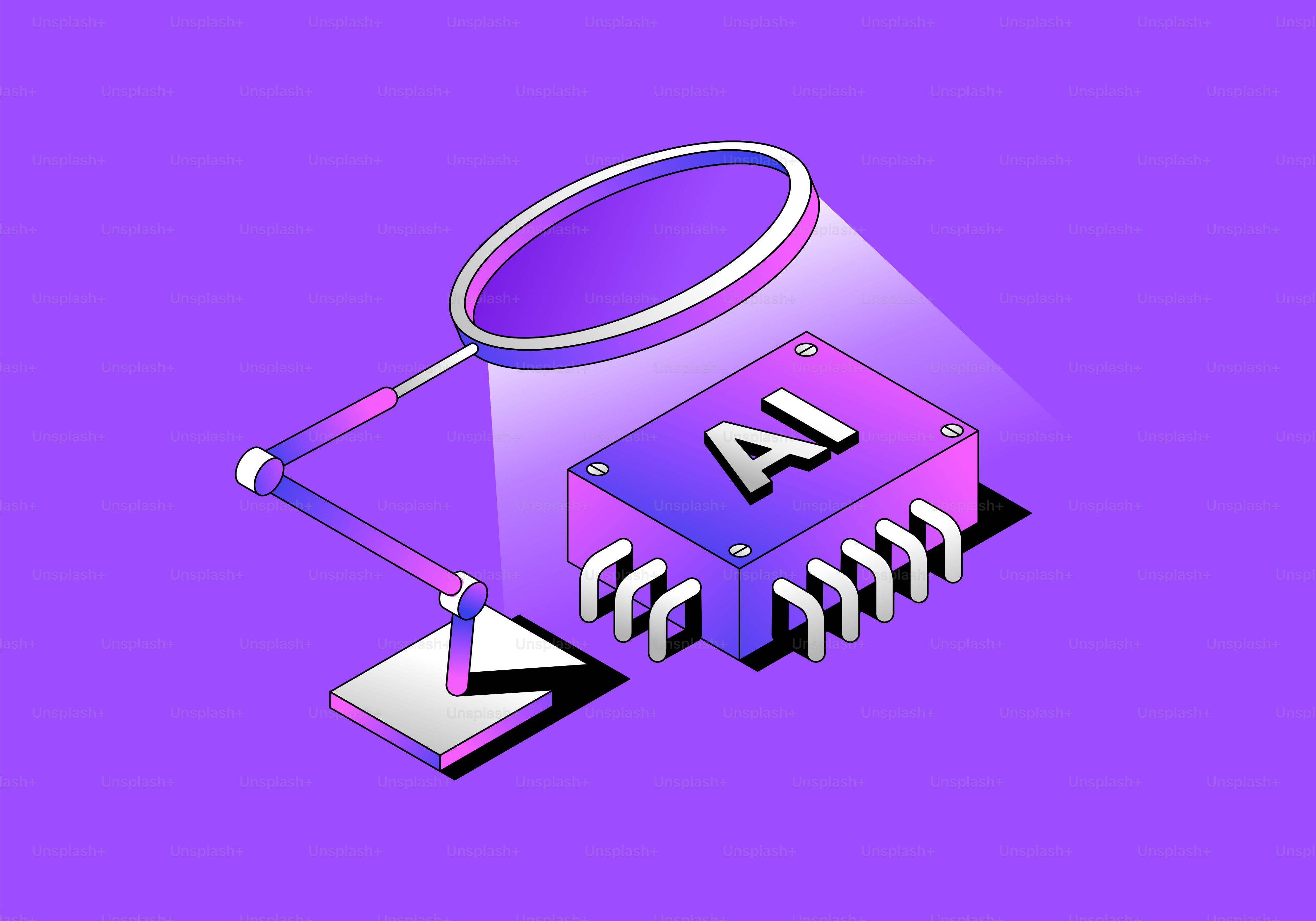 Lupa sobre chip de IA sobre fondo morado.