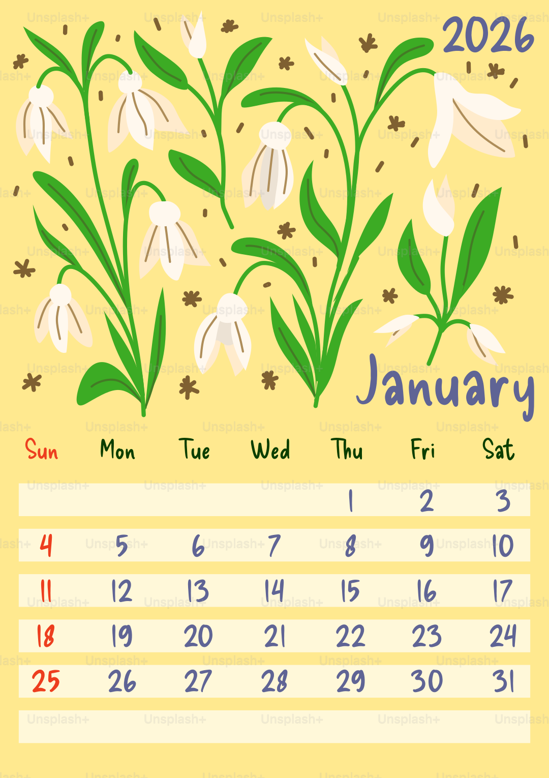 January 2026 calendar with snowdrop illustrations