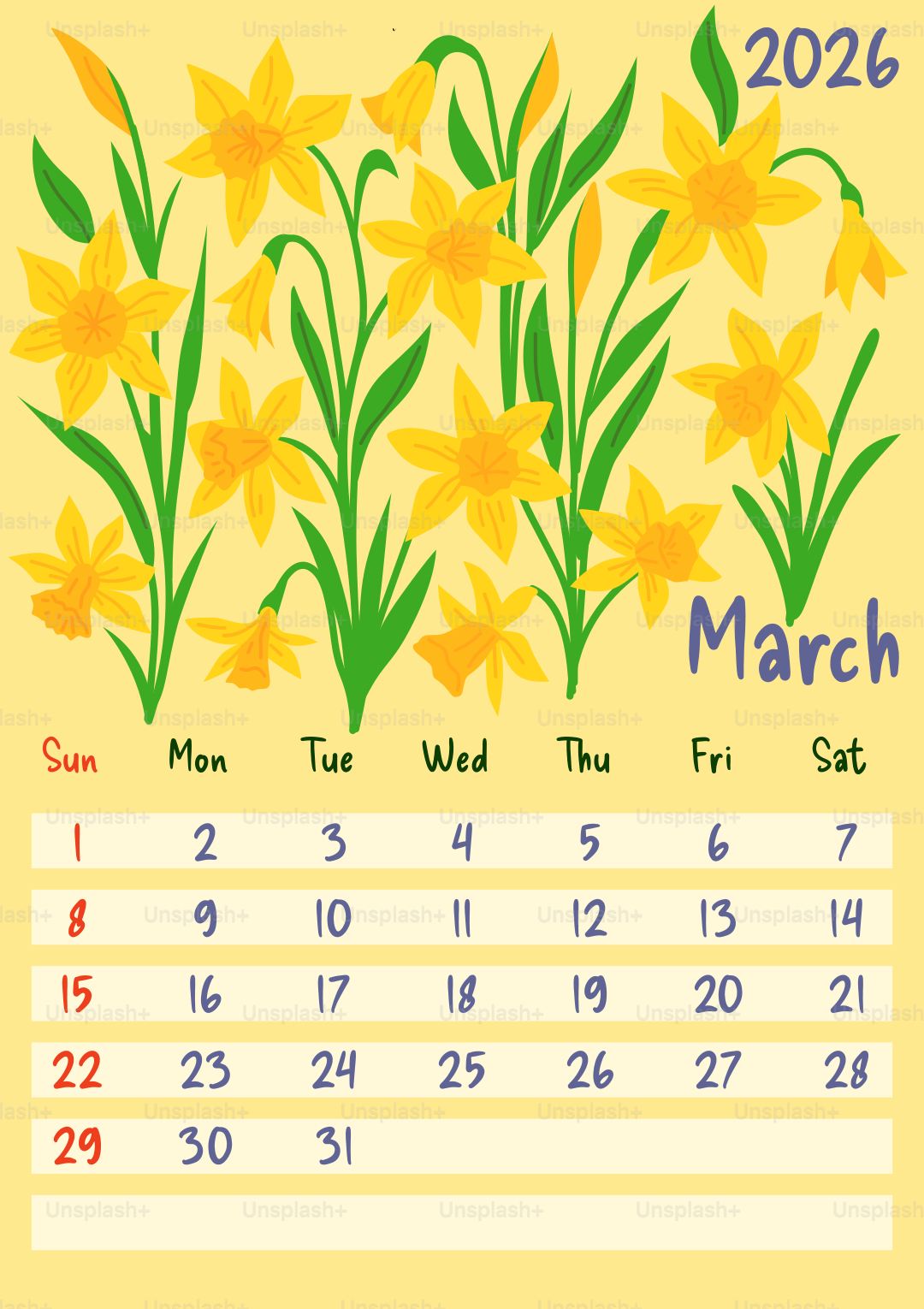 March 2026 calendar with yellow daffodils