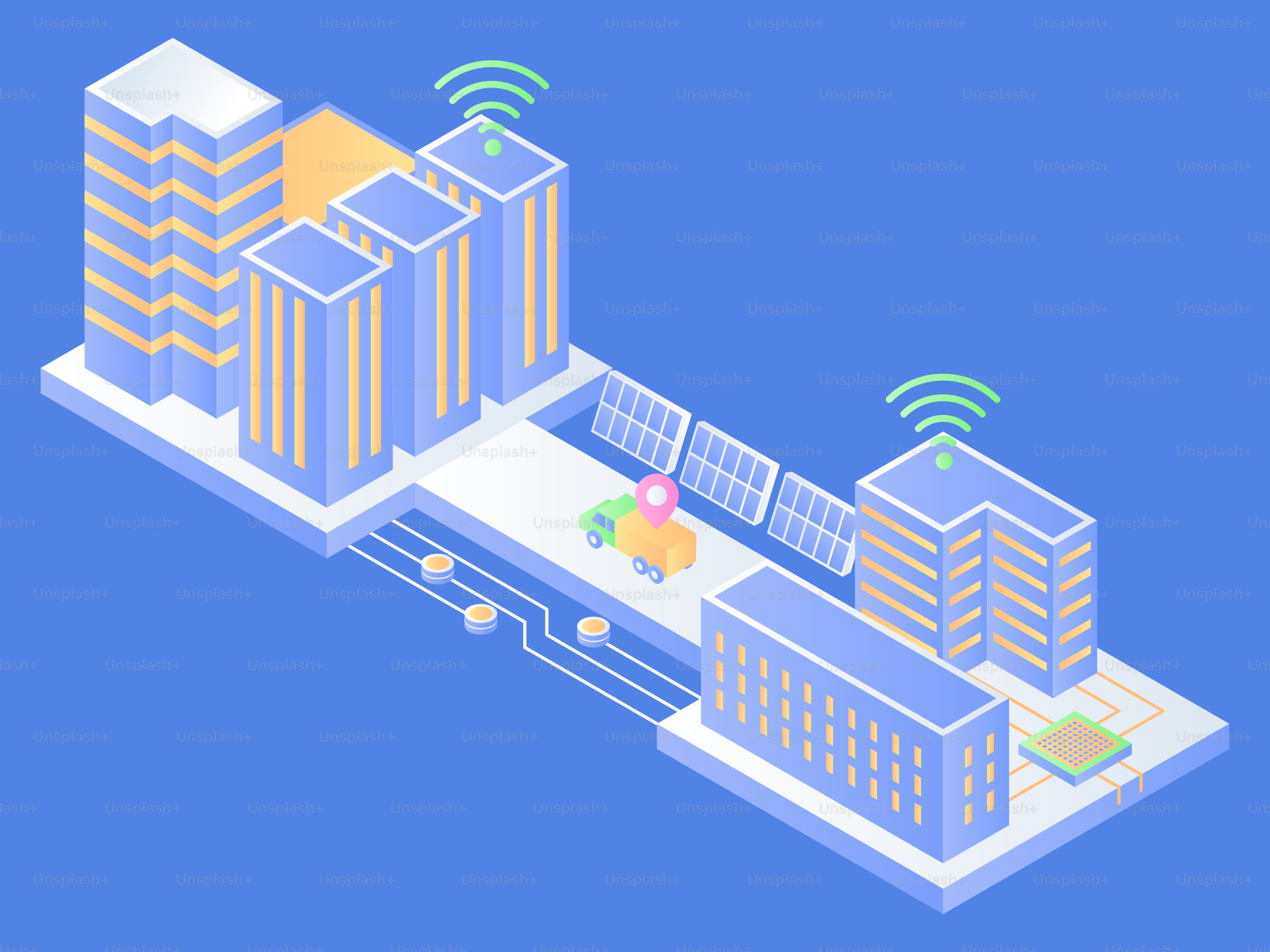 Città intelligente con edifici, pannelli solari e segnali wi-fi.