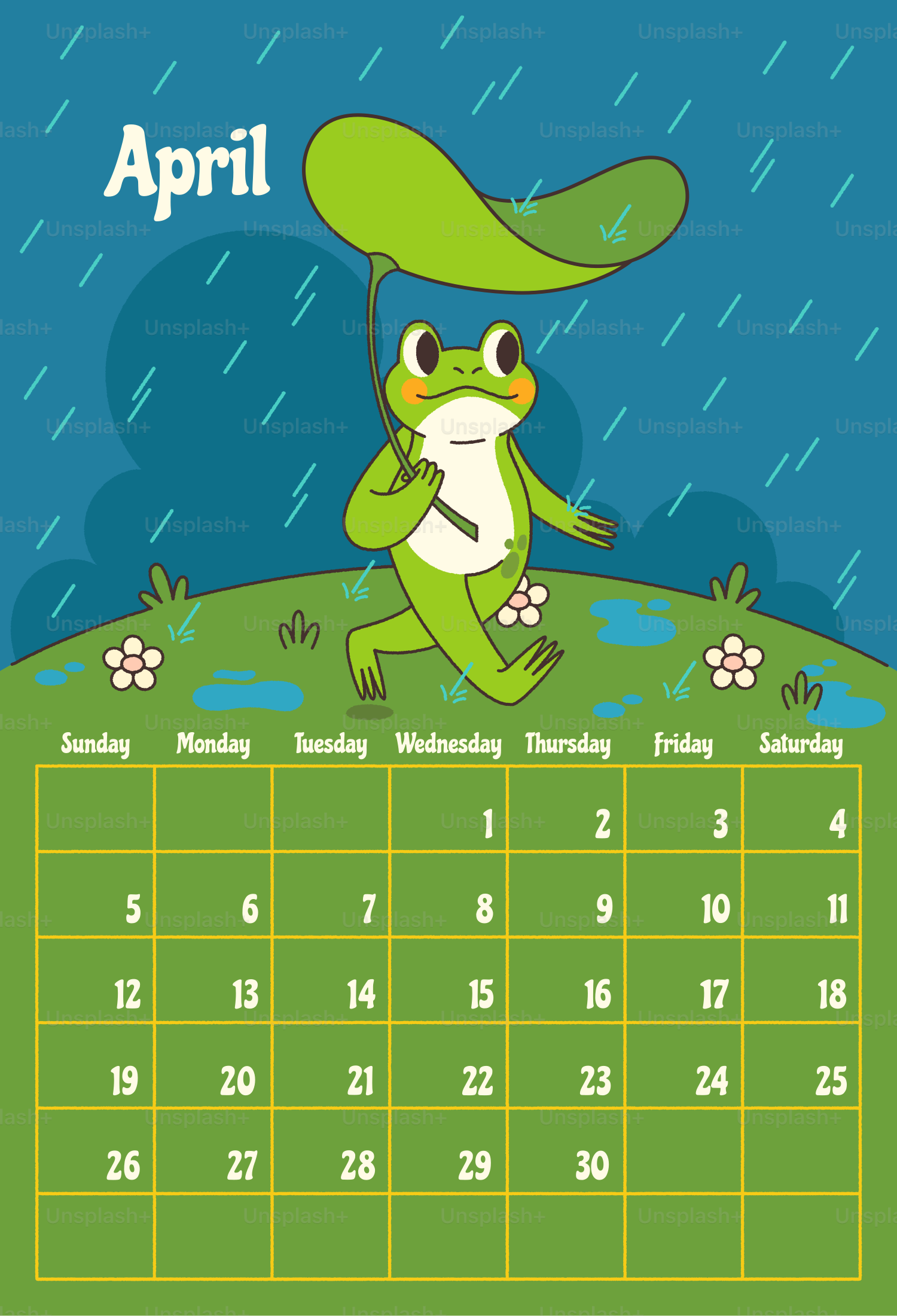 雨の中で葉の傘を持ったカエル