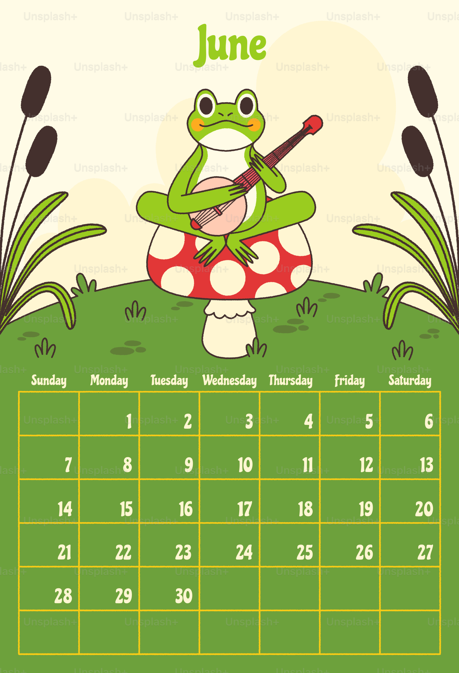 Rana de dibujos animados tocando el banjo en la página del calendario de setas