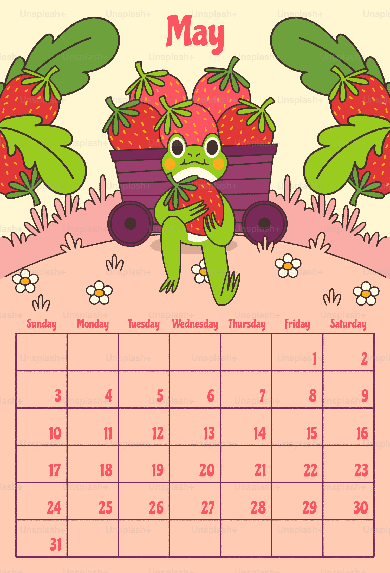 Katak memegang stroberi dengan gerobak dan kalender
