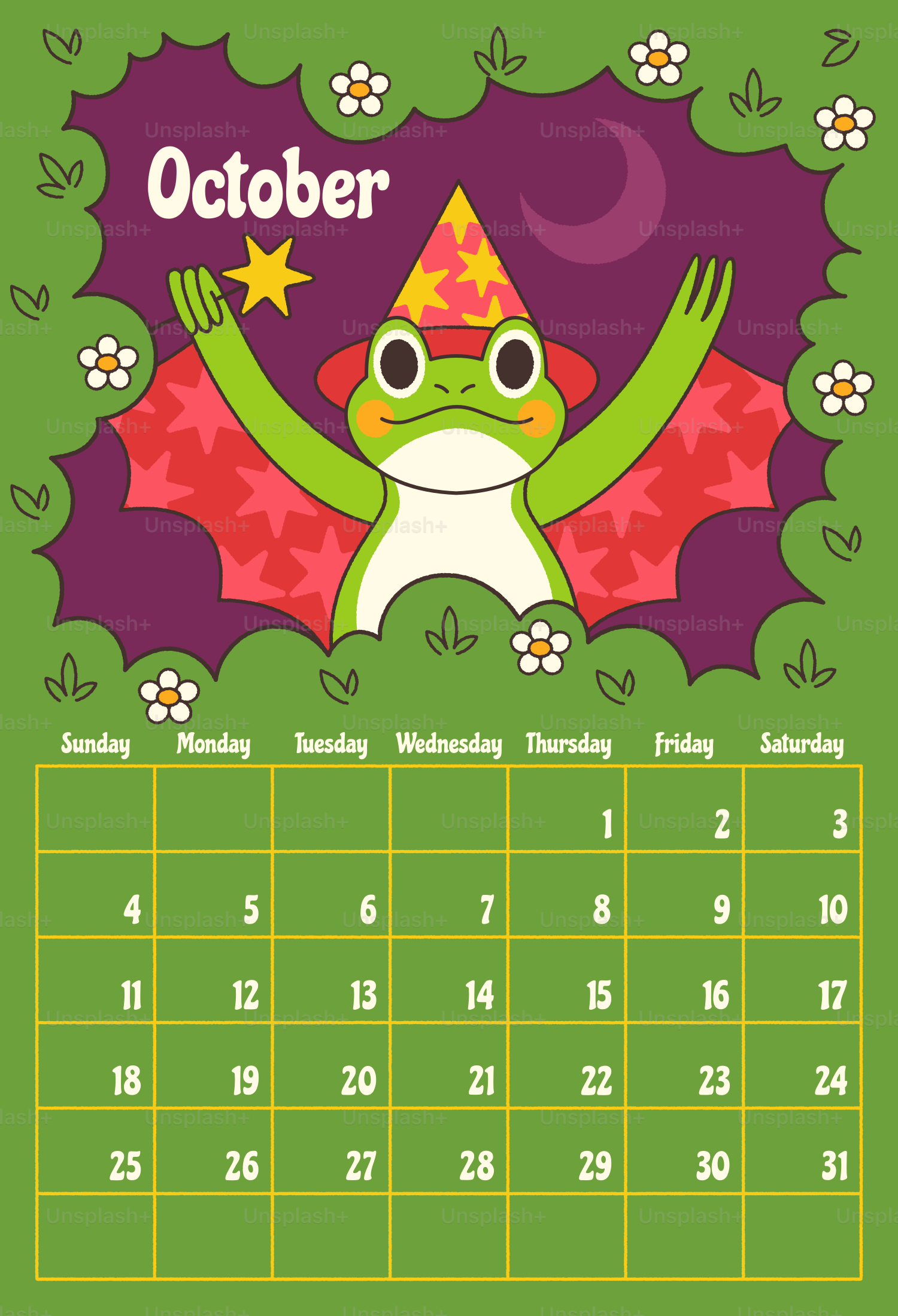 Cartoon frog wizard with october calendar