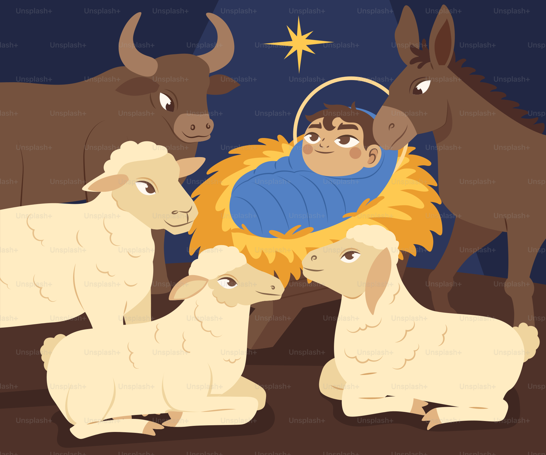 Nativity scene with baby jesus, animals, and star.
