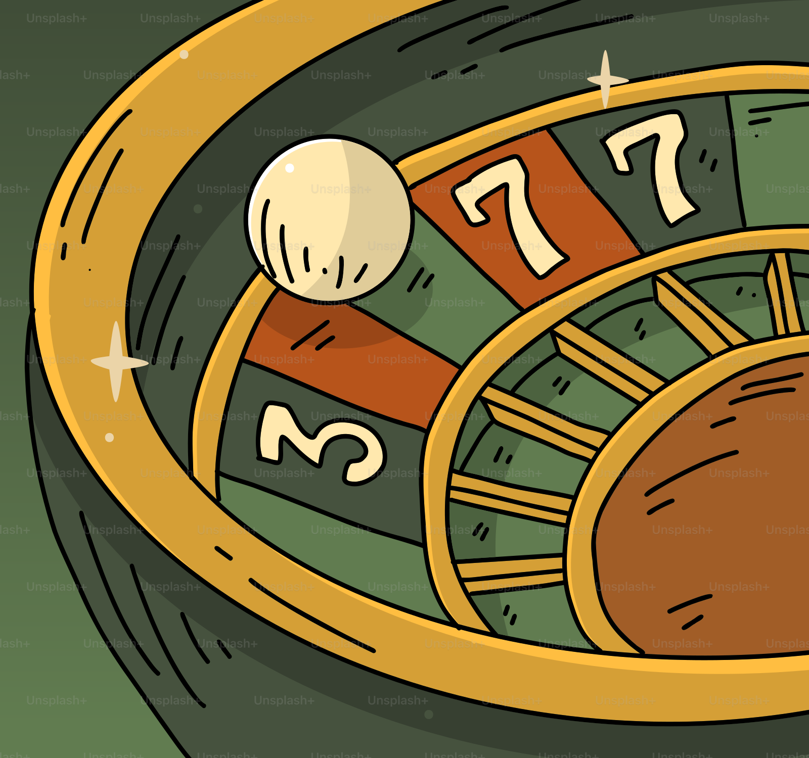 Roue de roulette avec la boule près du numéro sept