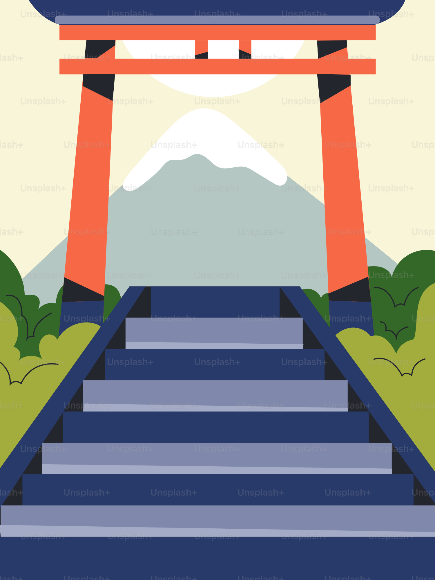 Steps lead to a torii gate with mountain.