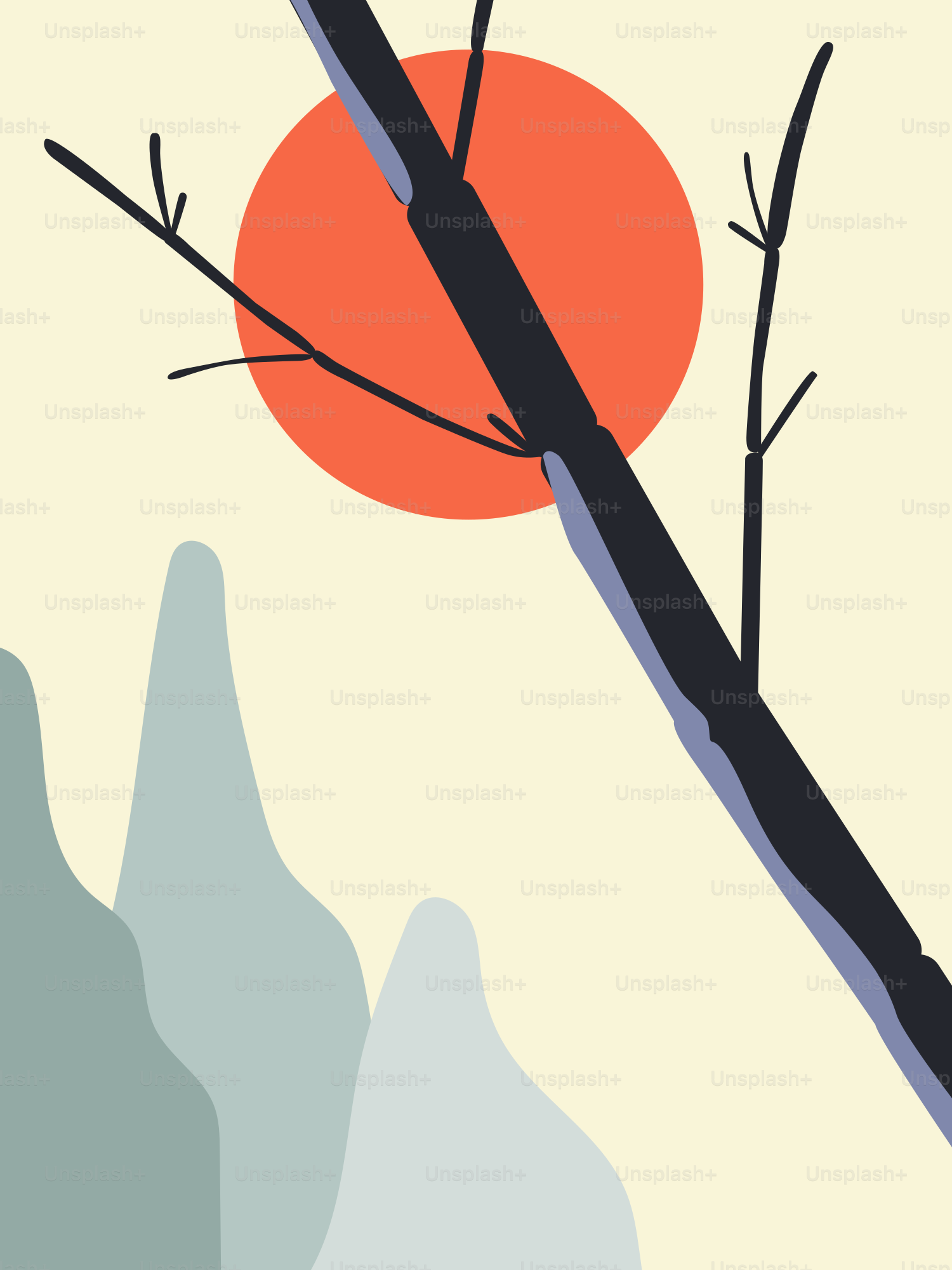 Minimalist landscape with sun and bare tree branch