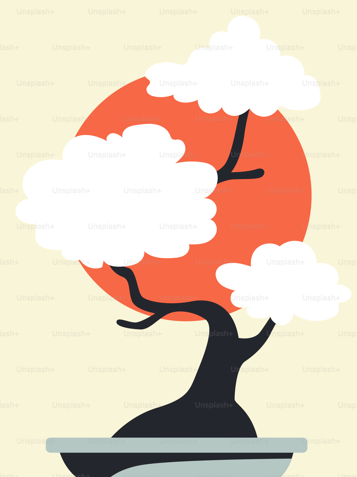 赤い太陽と雲が描かれた様式化された盆栽の木。