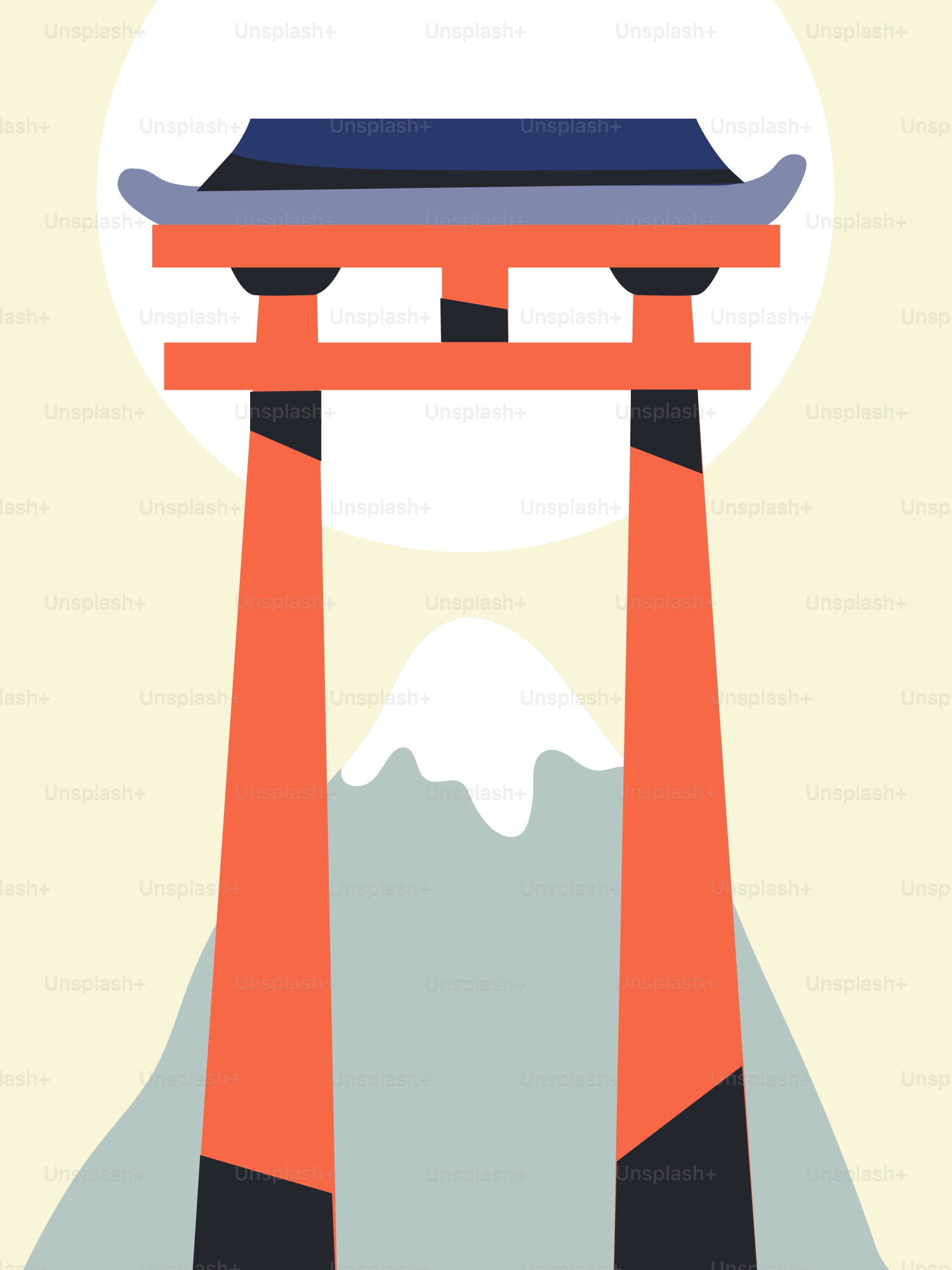 Torii gate with snowy mountain and sun