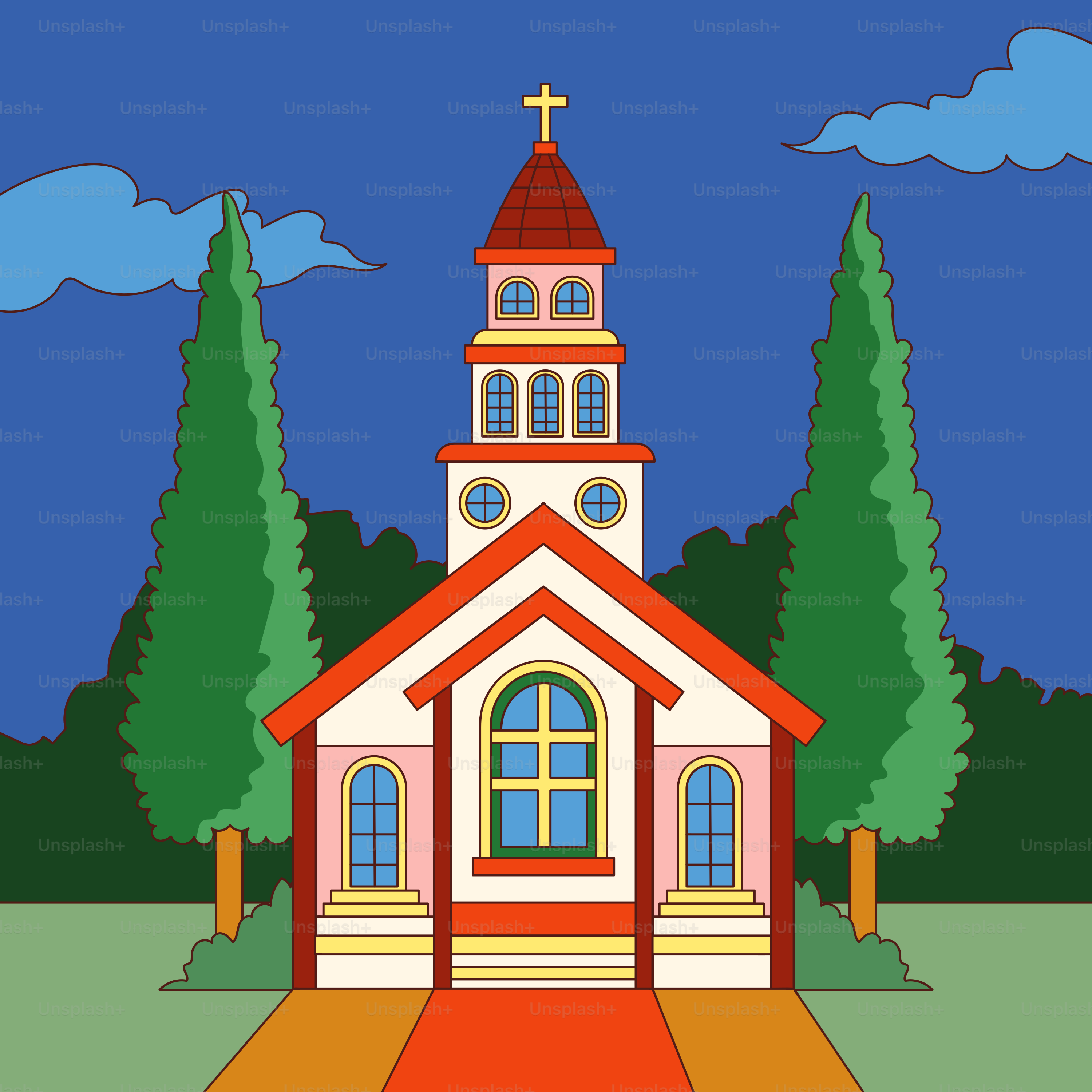 A cartoon church with two trees and blue sky.