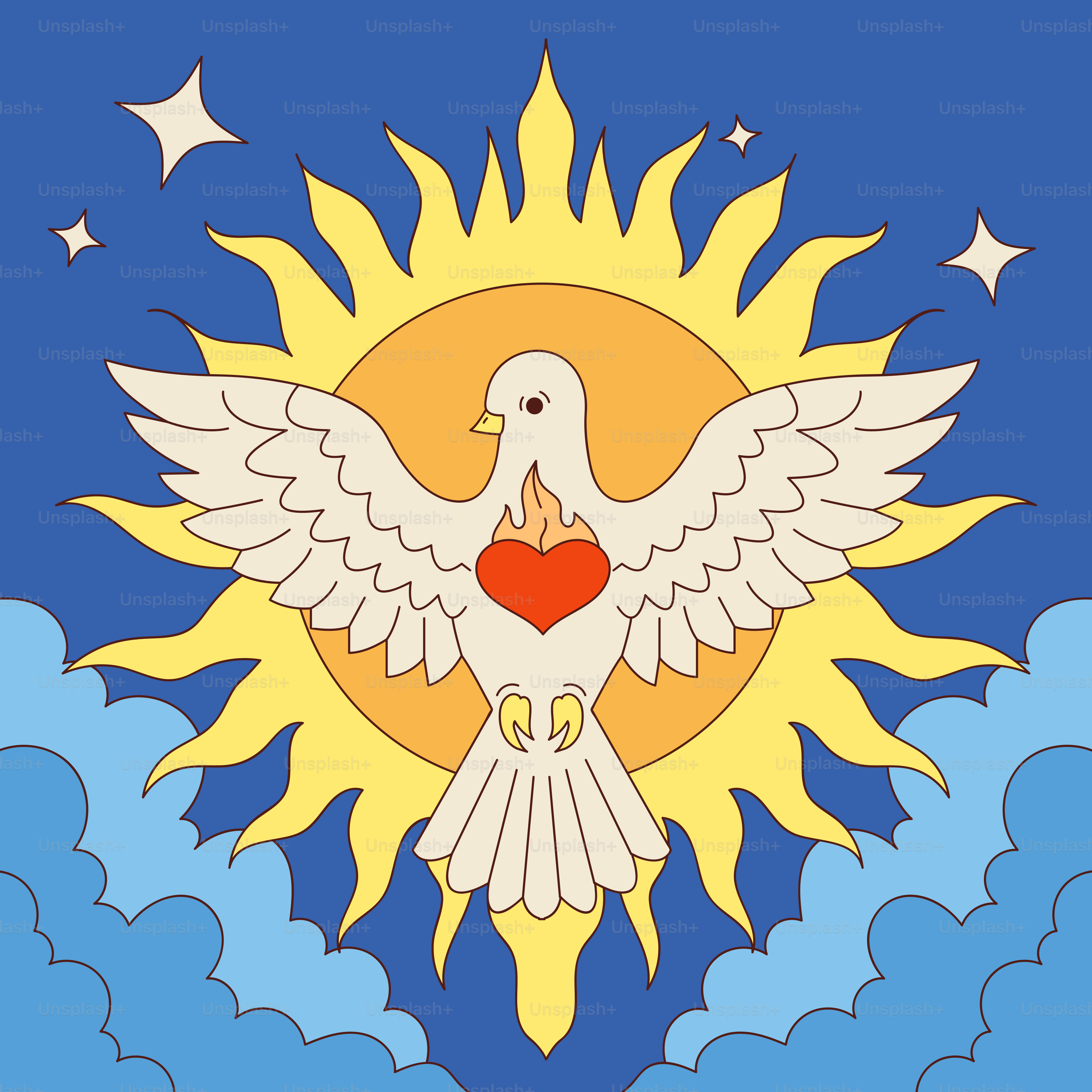 A dove with a heart and sun symbol.