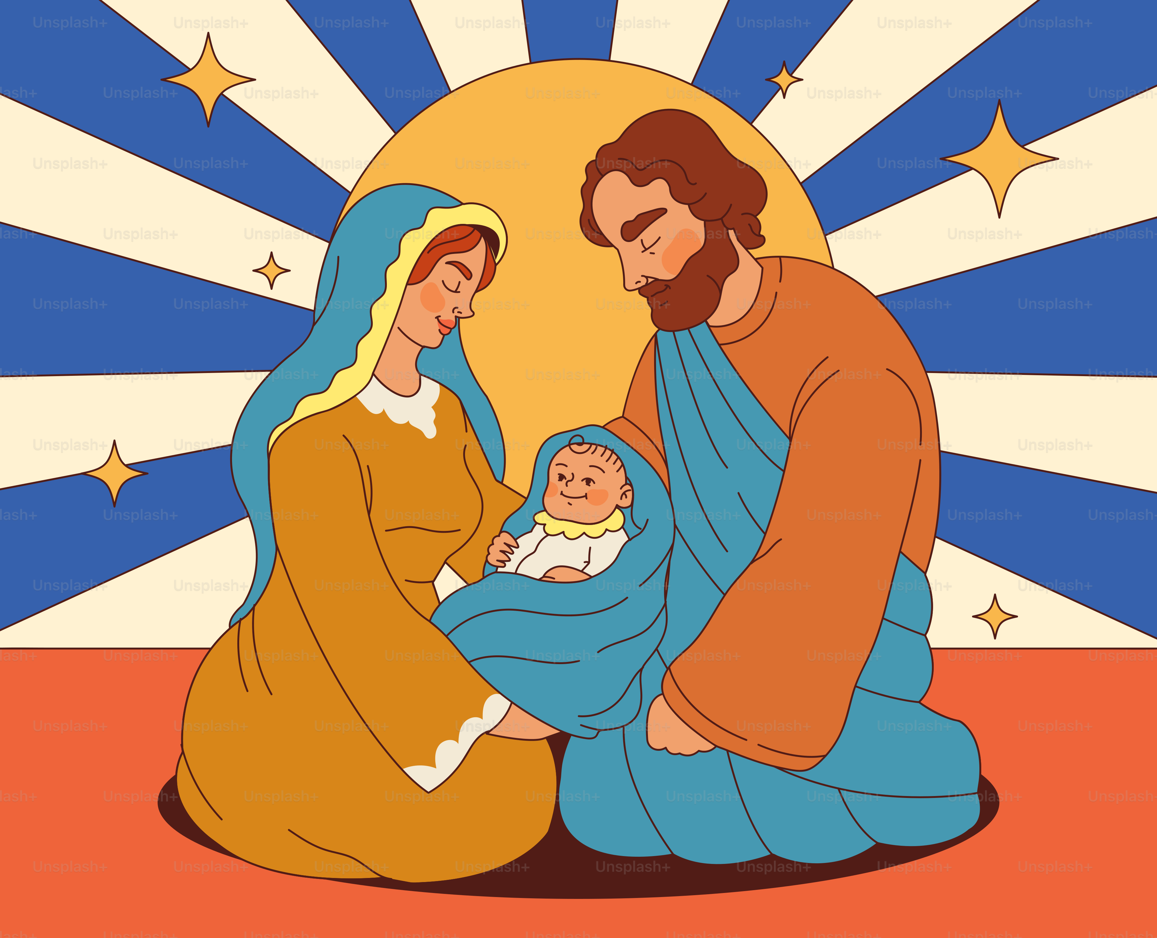 Nativity scene with mary, joseph, and baby jesus.