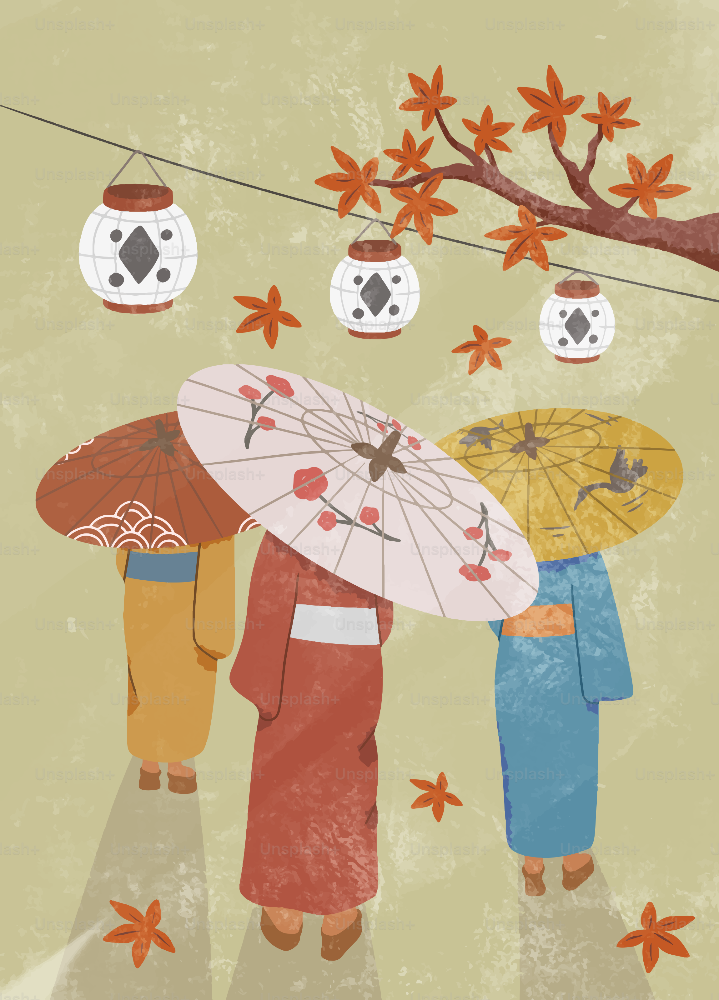 Three women in kimonos with umbrellas under maple leaves