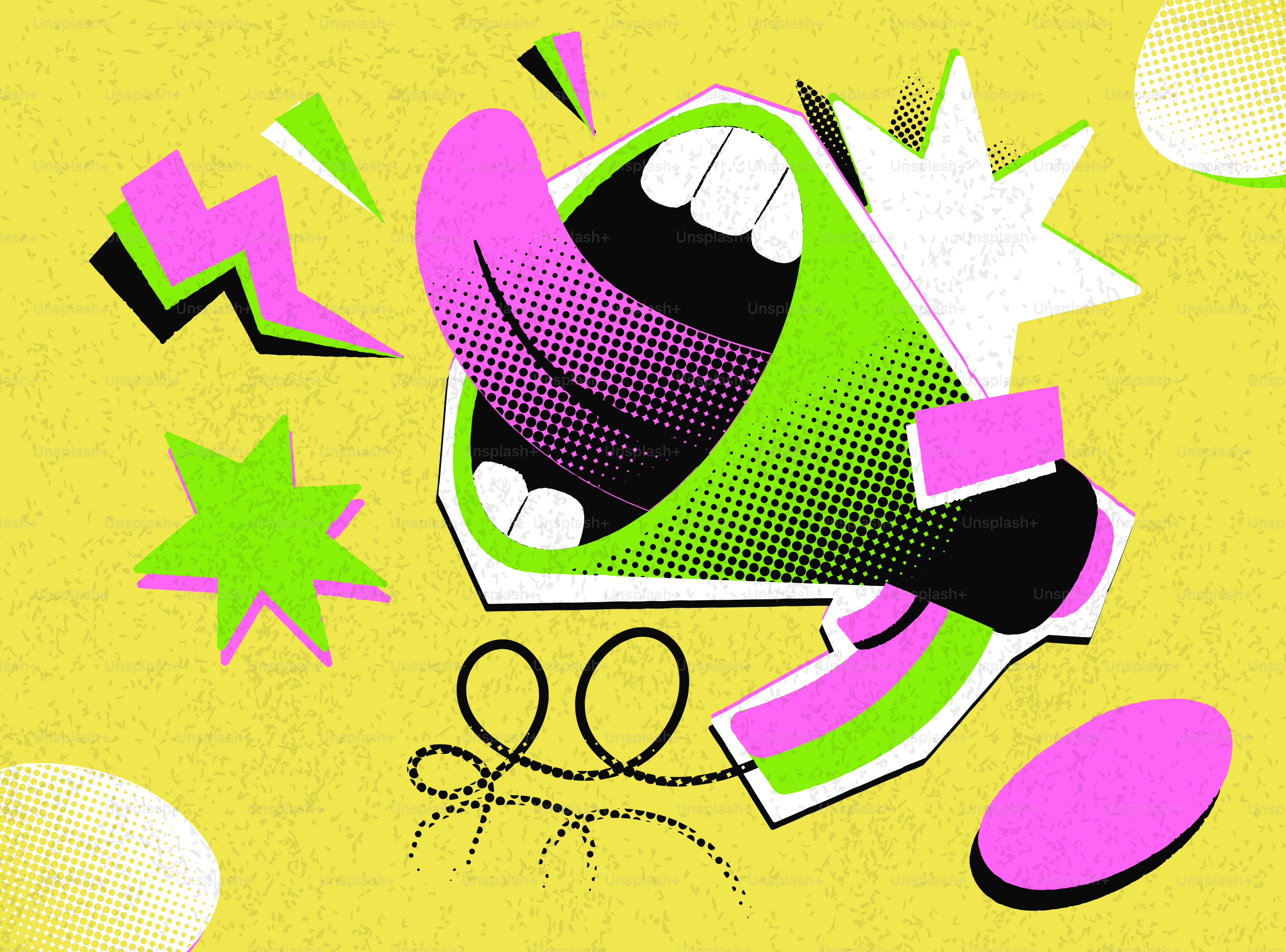 A cartoon megaphone with a large tongue and abstract shapes