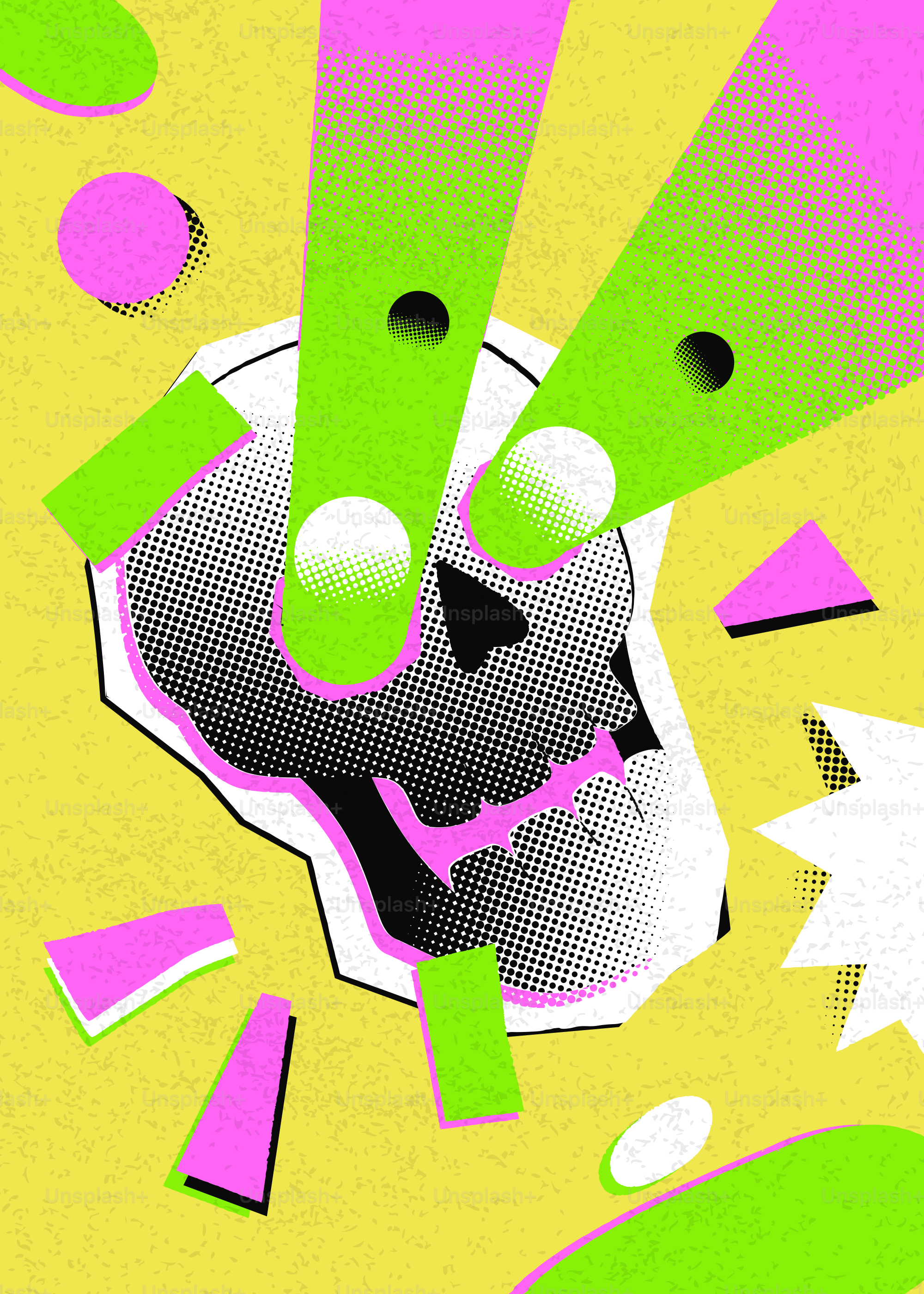 Abstract skull with neon green and pink geometric shapes.
