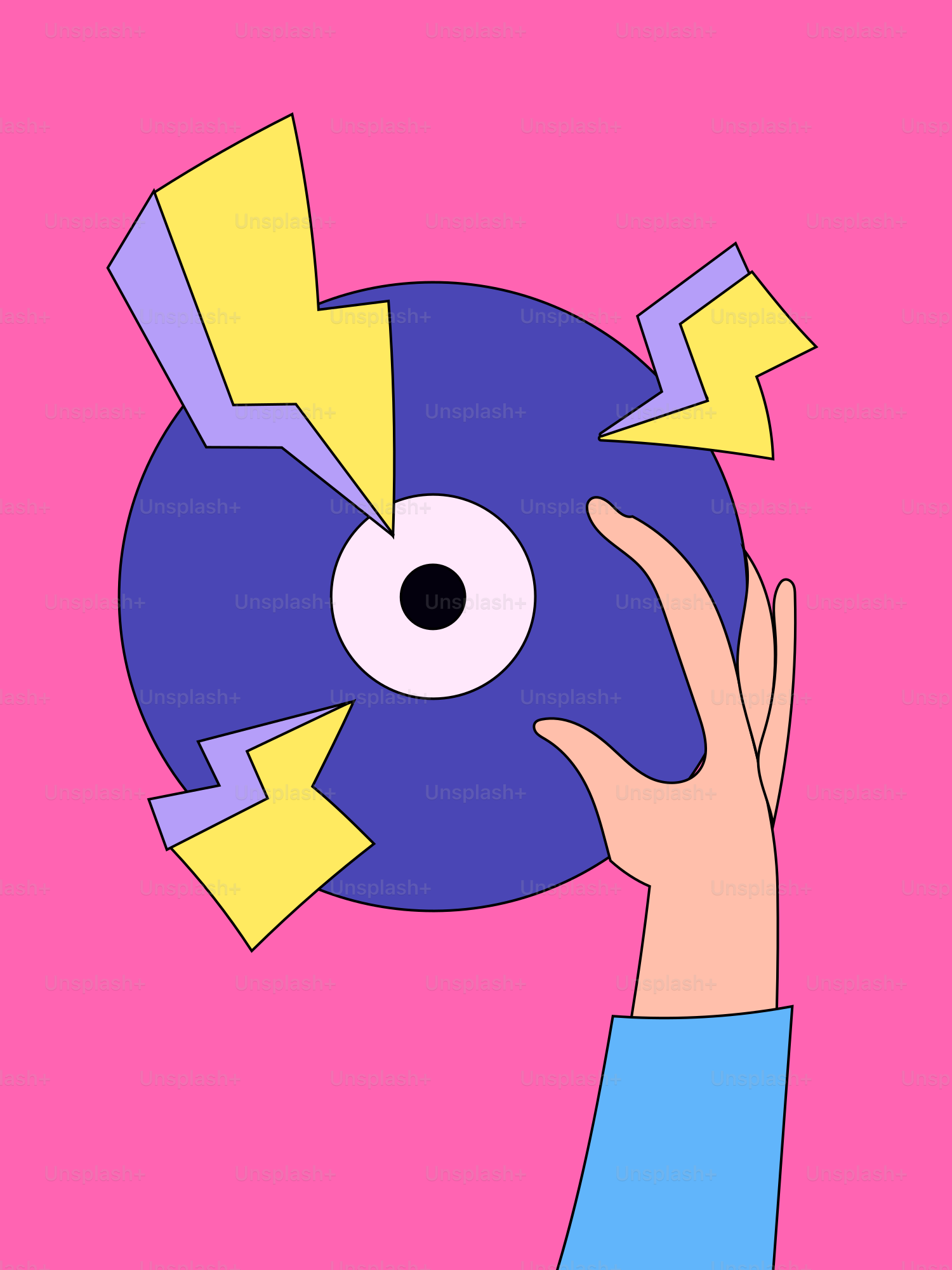 Sosteniendo un disco de vinilo morado con rayos amarillos.