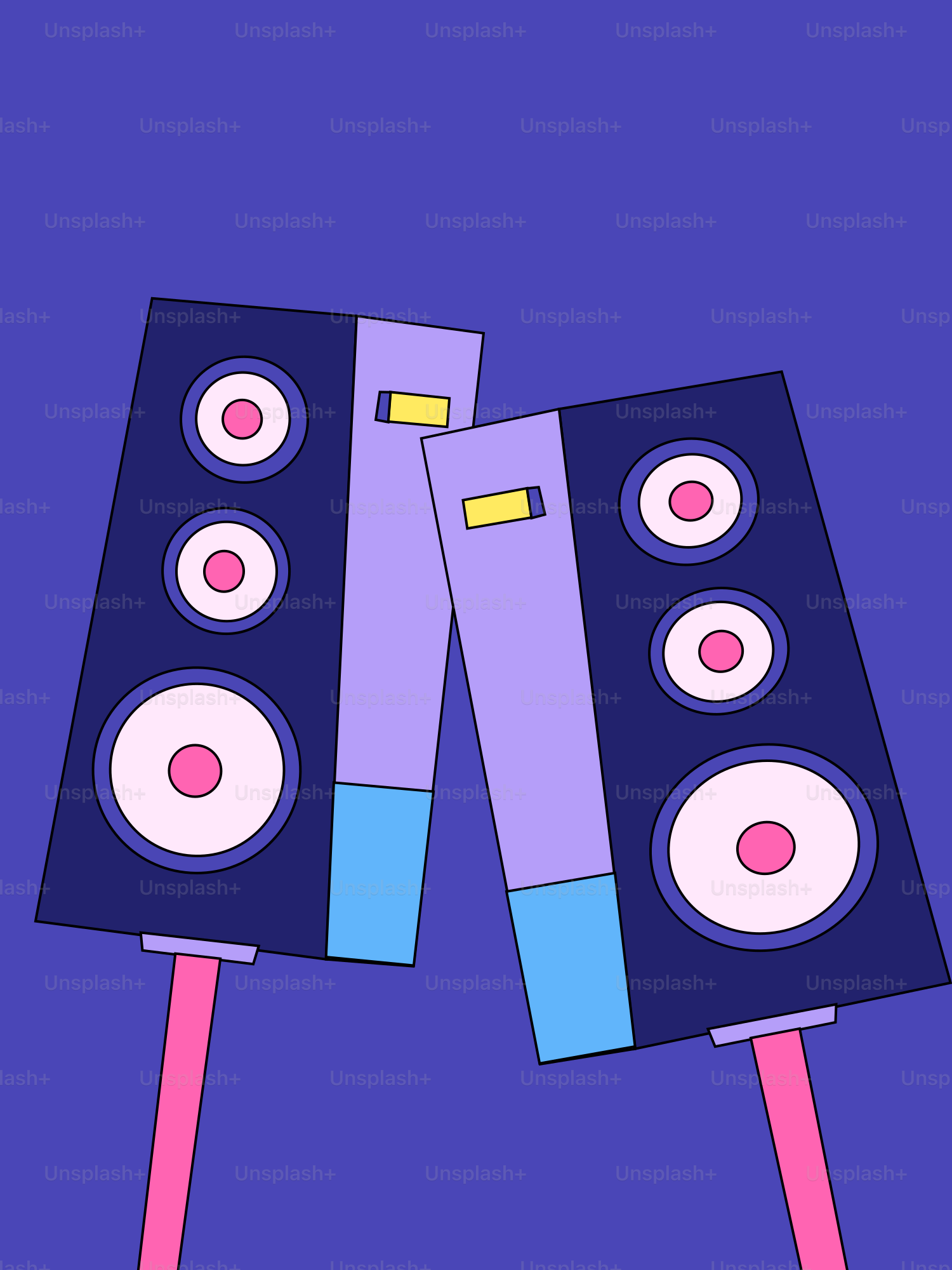 Dos altavoces estilizados sobre soportes rosas