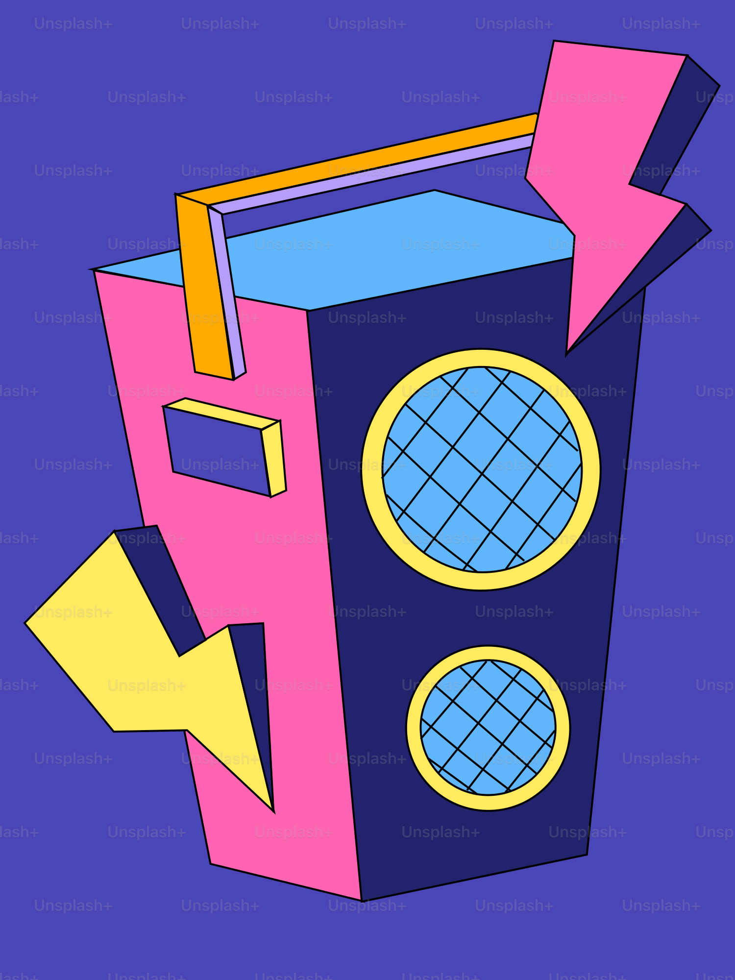 Radiocasete retro con rayos sobre fondo morado