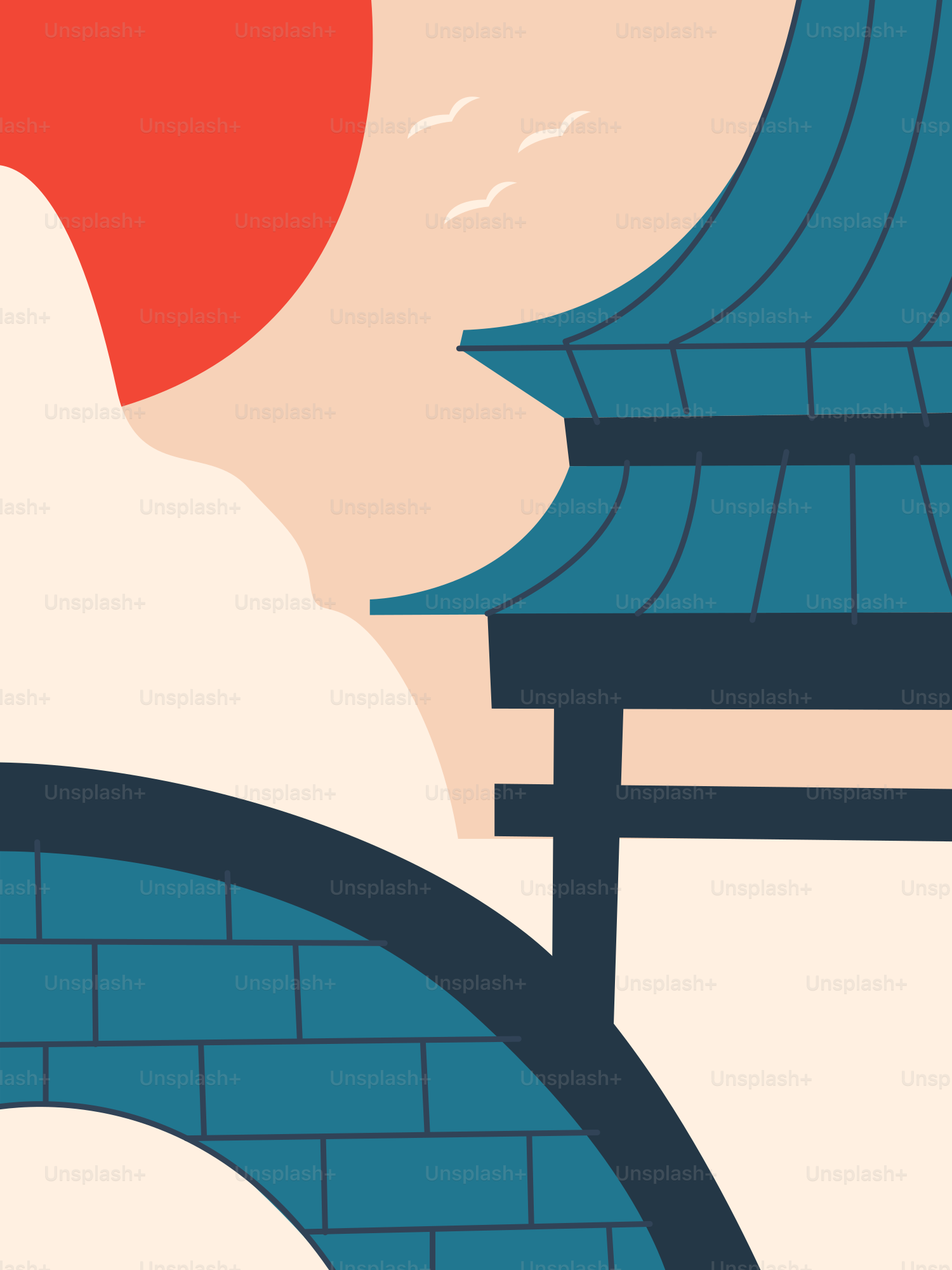 Traditional asian temple with bridge and sun.