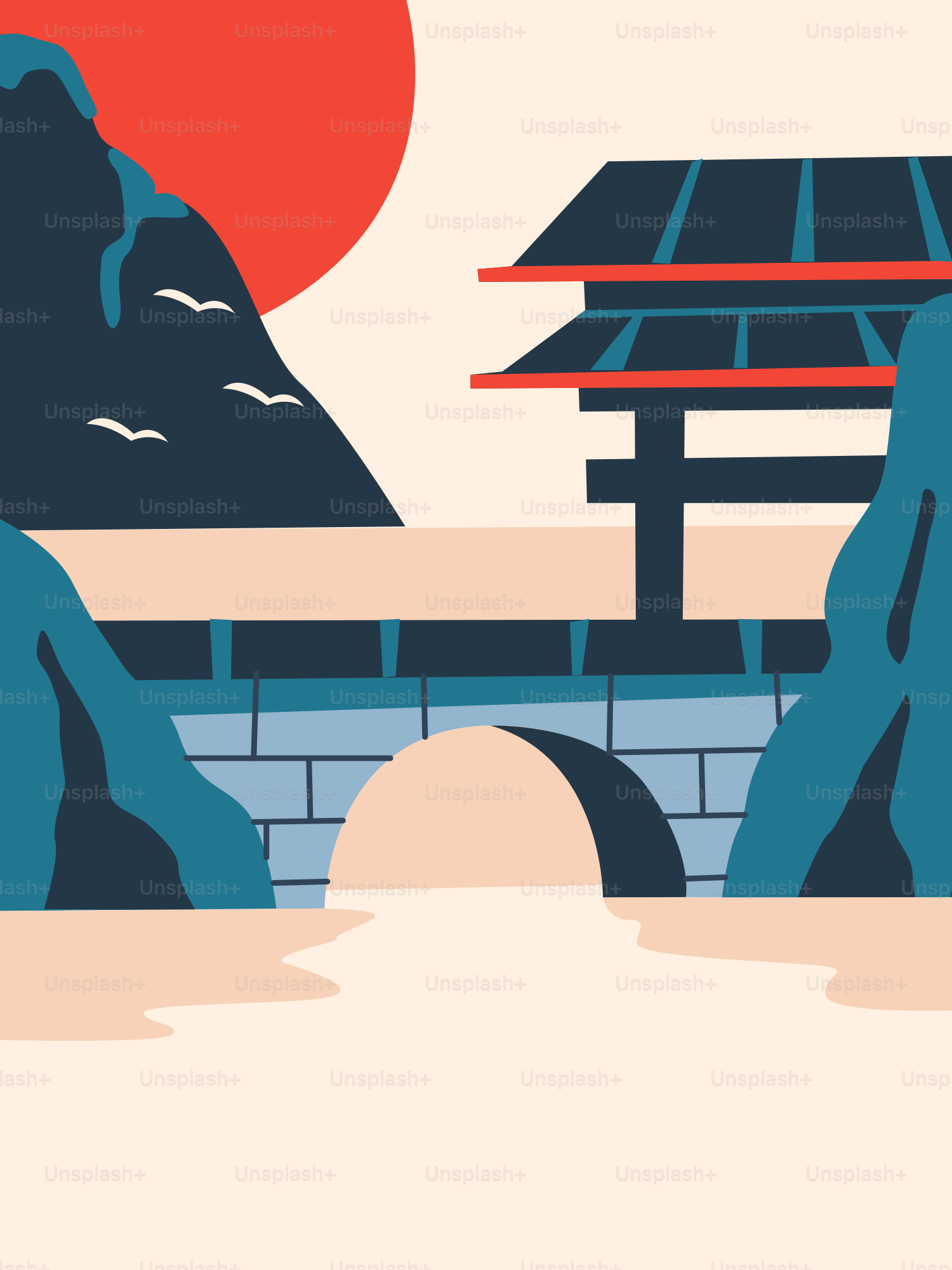 Bridge and traditional building with mountains and mountains