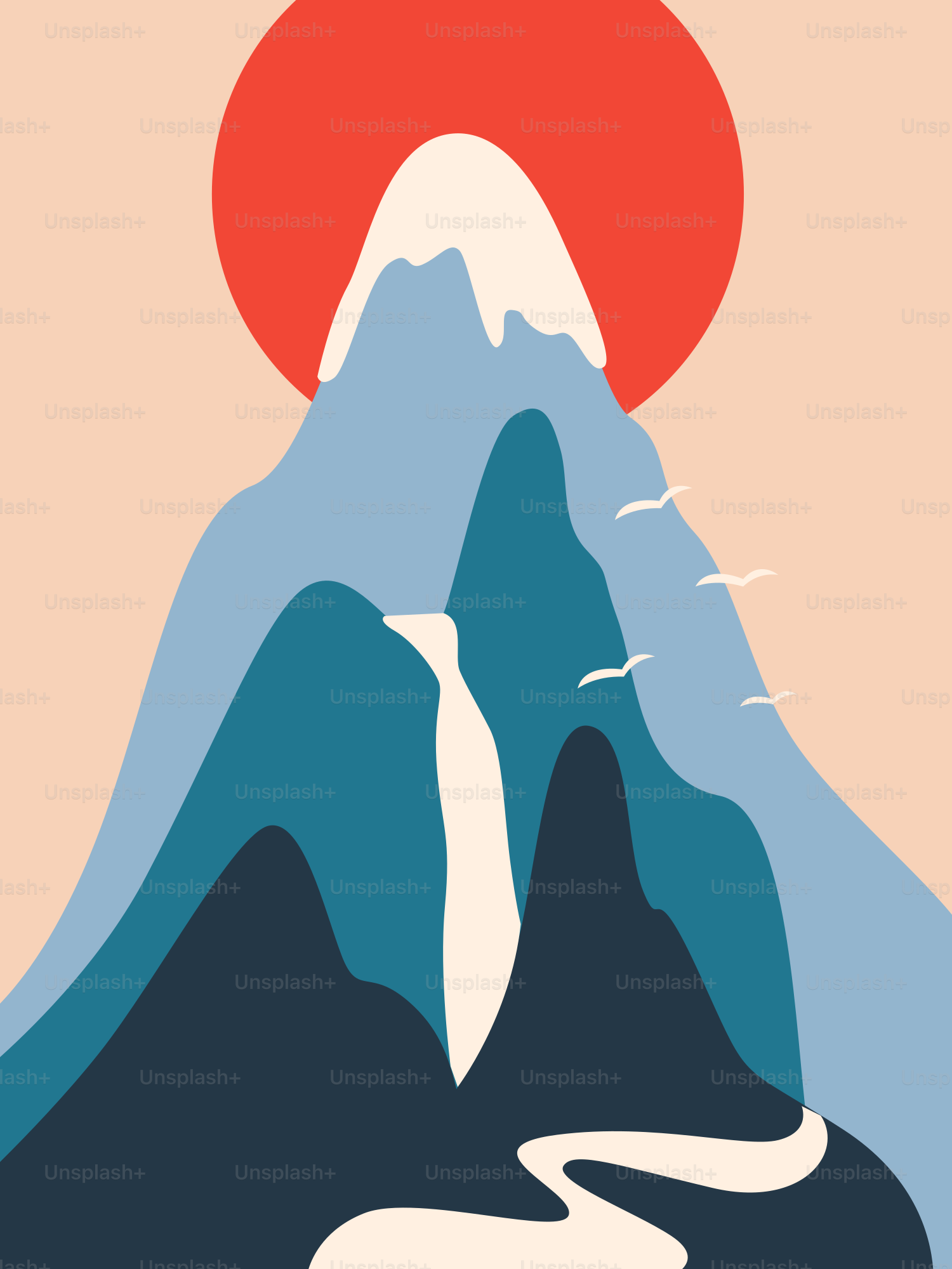 Stylized mountain landscape with a red sun.