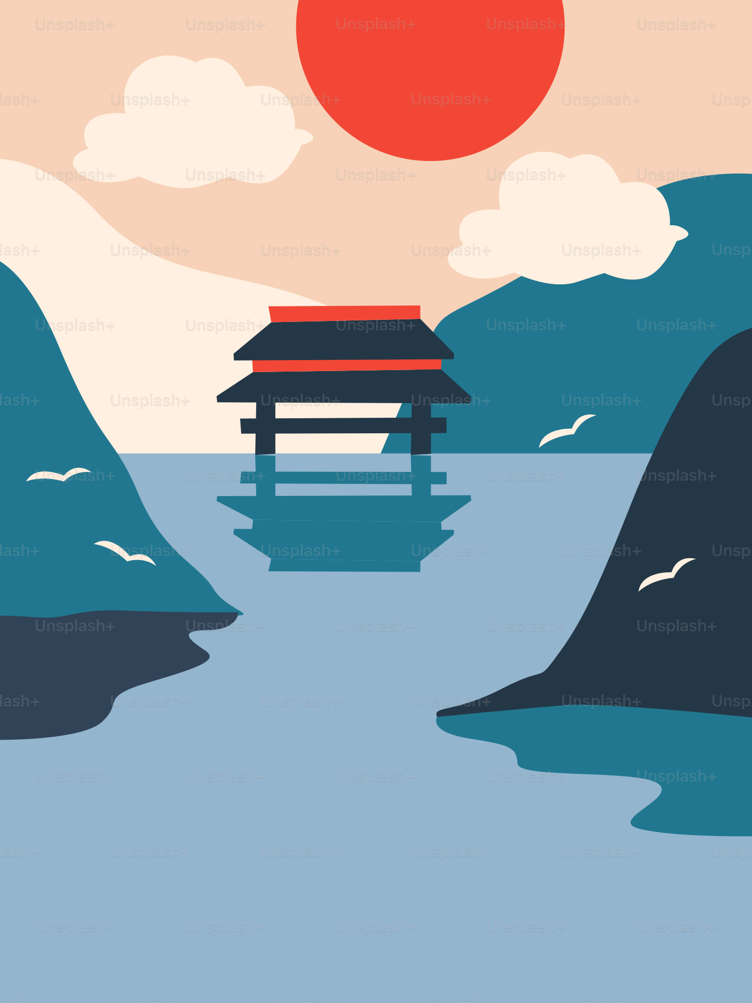 A traditional japanese building on water at sunset.
